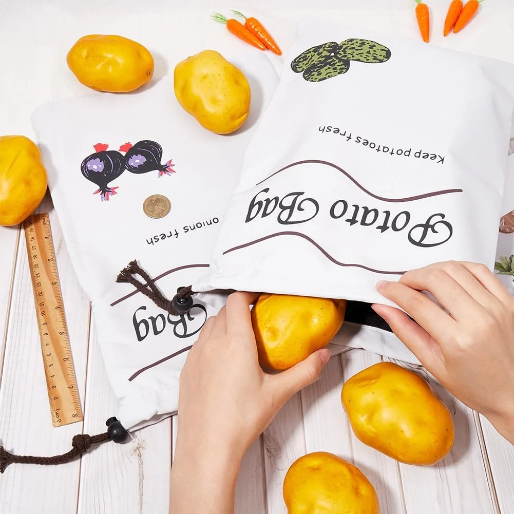 CREATCABIN 2 عدد کیسه نگهداری سیب زمینی و پیاز، کیسه های نگهداری سبزیجات بومى، نگهدارنده سیر، سیب زمینی، پیاز با بند کشی، بسته بندی کیسه ای قابل استفاده مجدد برای نگهداری مواد غذایی در انبار، 36x26 سانتی متر - سفید