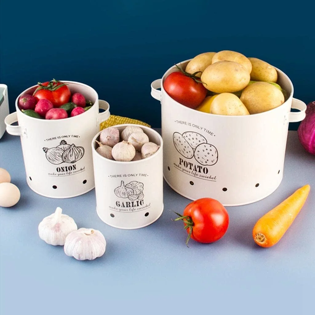 ظروف نگهداری سیب زمینی، پیاز و سیر CRTGW، سه تکه، مناسب آشپزخانه، دارای دو دسته، سفید