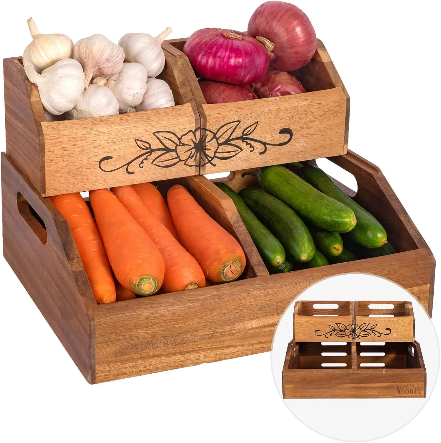 ظروف ذخیره سازی مواد غذایی چوبی آکاسیا برای آشپزخانه، سازماندهی انباری پیاز و سیب زمینی، بدون نیاز به نصب، ظروف ذخیره سازی میوه و سبزیجات 2 طبقه، ظروف تنقلات برای آشپزخانه و انبار ظروف ذخیره سازی مواد غذایی چوبی آکاسیا برای آشپزخانه، سازماندهی انباری پیاز و سیب زمینی، بدون نیاز به نصب، ظروف ذخیره سازی میوه و سبزیجات 2 طبقه، ظروف تنقلات برای آشپزخانه و انبار