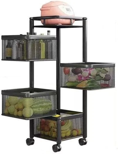 قفسه چرخشی آشپزخانه با ۵ طبقه سبد ترولی برای نگهداری میوه و سبزیجات، مناسب برای نگهداری سیب زمینی و پیاز (سایز: XXL) (تک رنگ ۴ طبقه مشکی)