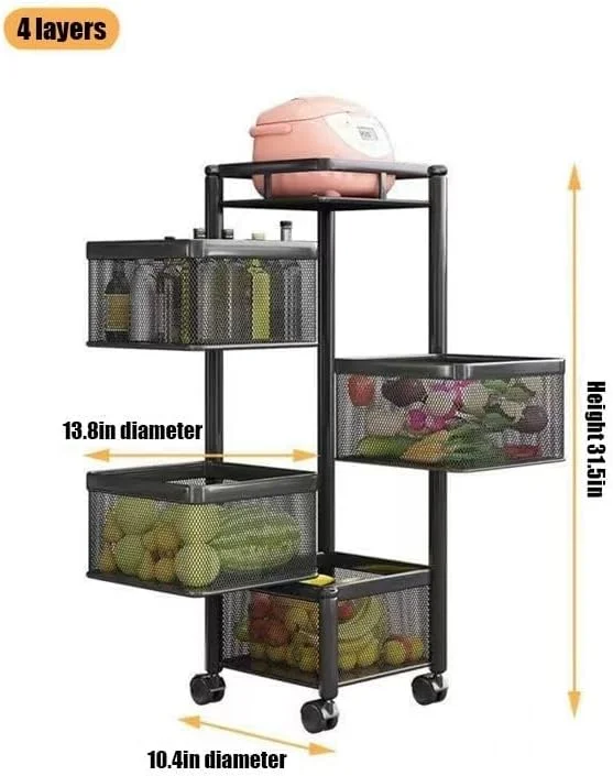 قفسه چرخشی آشپزخانه با ۵ طبقه سبد ترولی برای نگهداری میوه و سبزیجات، مناسب برای نگهداری سیب زمینی و پیاز (سایز: XXL) (تک رنگ ۴ طبقه مشکی)
