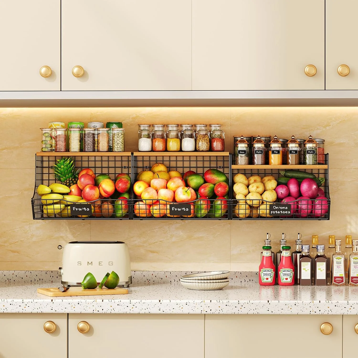 سبد میوه فوق العاده بزرگ برای آشپزخانه با صفحه نام چوبی - سطل ذخیره سازی پیاز و سیب زمینی قابل نصب روی دیوار و پیشخوان، سبدهای سیمی فلزی قابل انباشت، سازمان دهنده پیشخوان آشپزخانه، 3 بسته