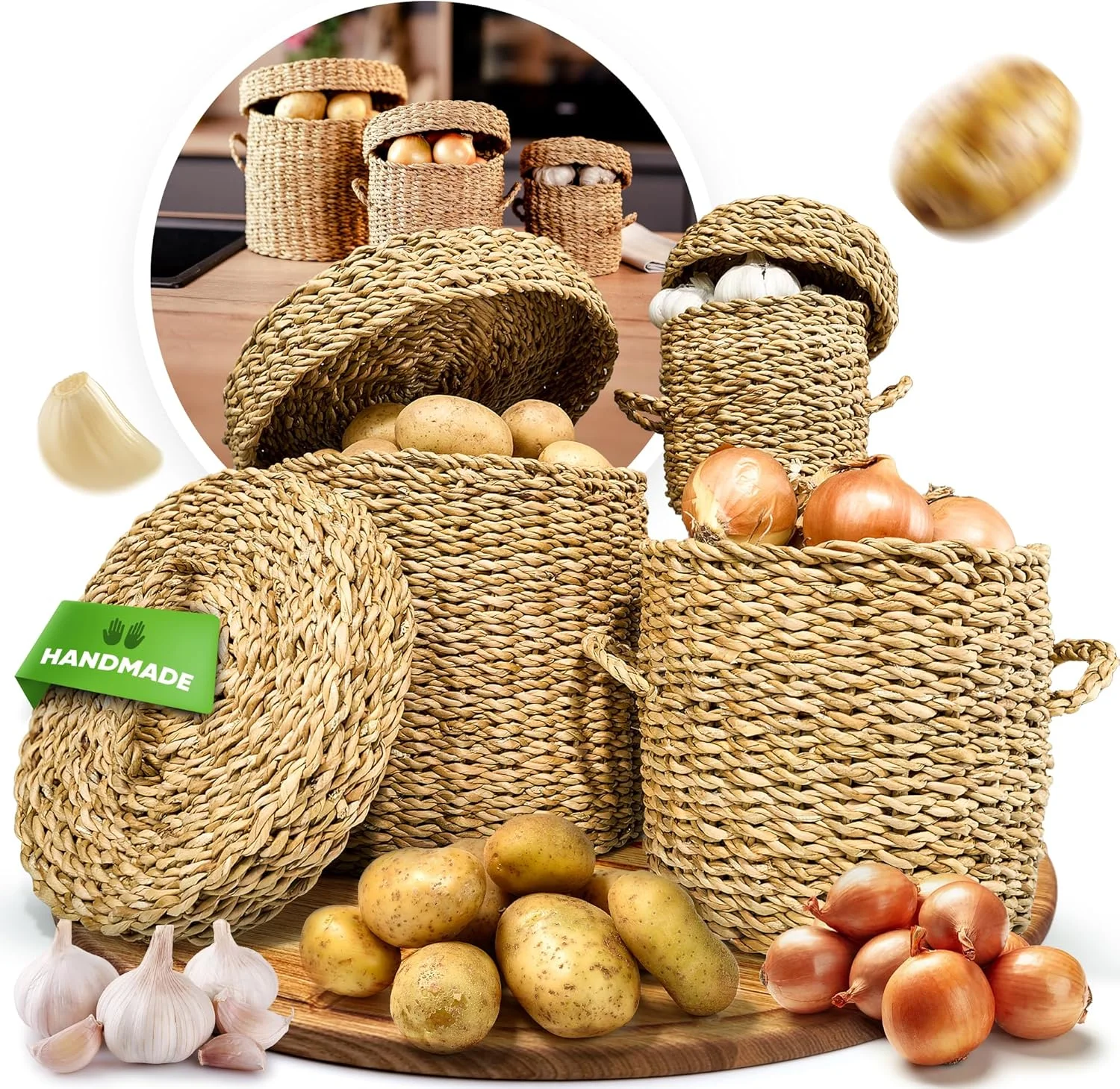 فروت هاب - ست جعبه های حصیری برای نگهداری - مناسب برای نگهداری سیب زمینی، پیاز، سیر - طبیعی، گرد، بافته شده با دست، پایدار