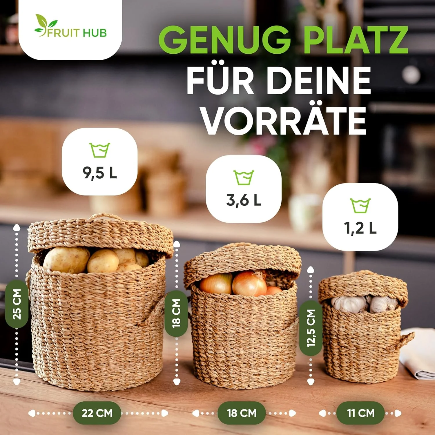 فروت هاب - ست جعبه های حصیری برای نگهداری - مناسب برای نگهداری سیب زمینی، پیاز، سیر - طبیعی، گرد، بافته شده با دست، پایدار فروت هاب - ست جعبه های حصیری برای نگهداری - مناسب برای نگهداری سیب زمینی، پیاز، سیر - طبیعی، گرد، بافته شده با دست، پایدار