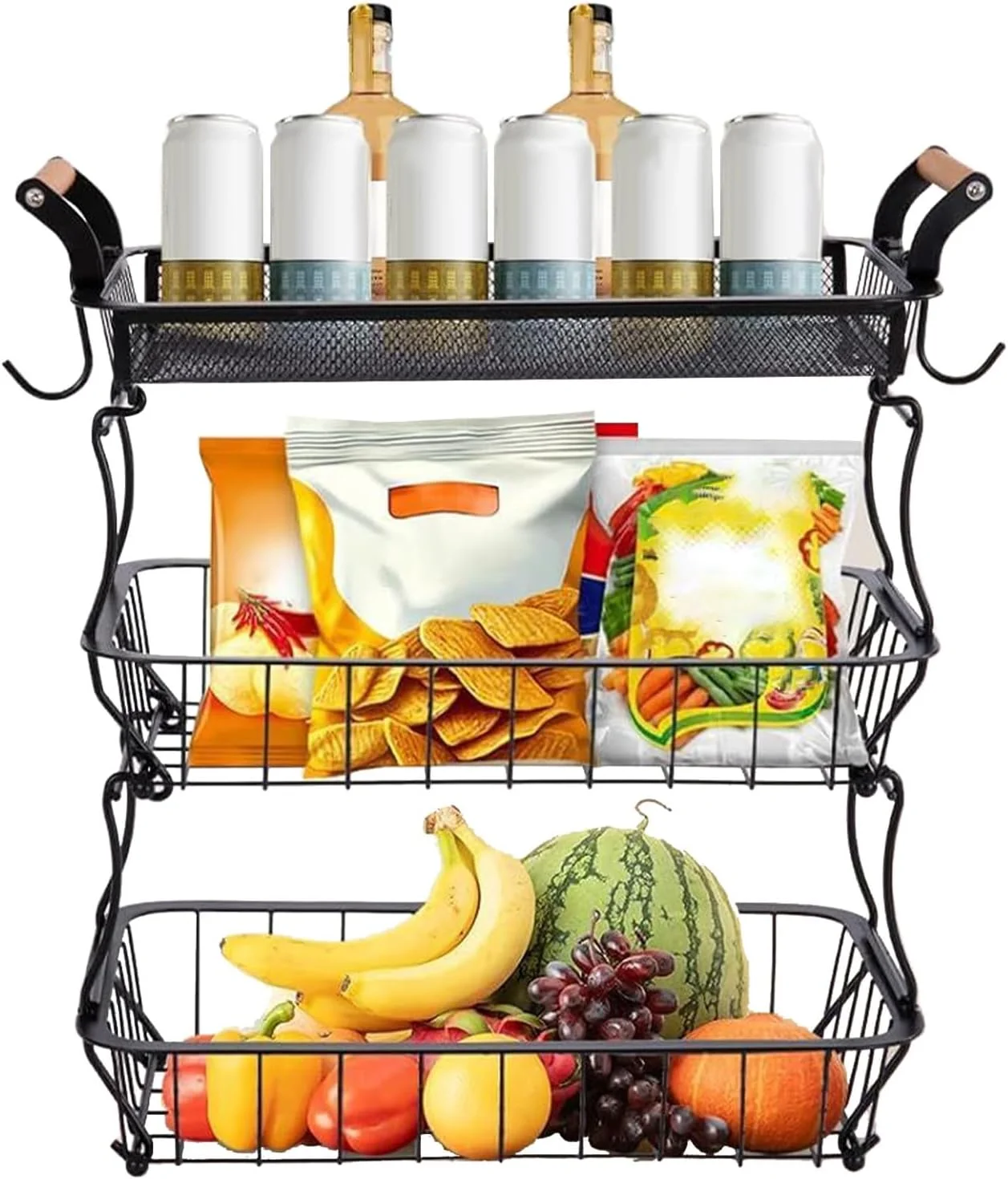 استند میوه - سبد ذخیره سازی میوه و سبزیجات 3 طبقه - سازماندهی و نگهداری با آویز موز برای سیب زمینی، پیاز، سبزیجات، نان، محصولات، انبار، خانه، آپارتمان