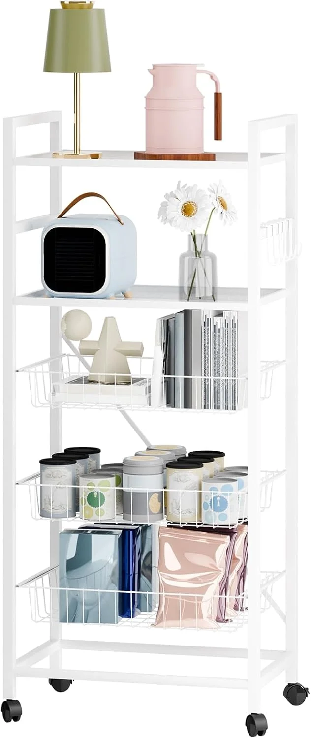 سبد ذخیره سازی 5 طبقه میوه و سبزیجات gihusrzx برای آشپزخانه، سبدهای ذخیره سازی سیمی فلزی قابل انباشت با چرخ، سبد سازمان دهنده سطل های ذخیره سازی پیاز سیب زمینی میوه و سبزیجات برای آشپزخانه، انبار سفید