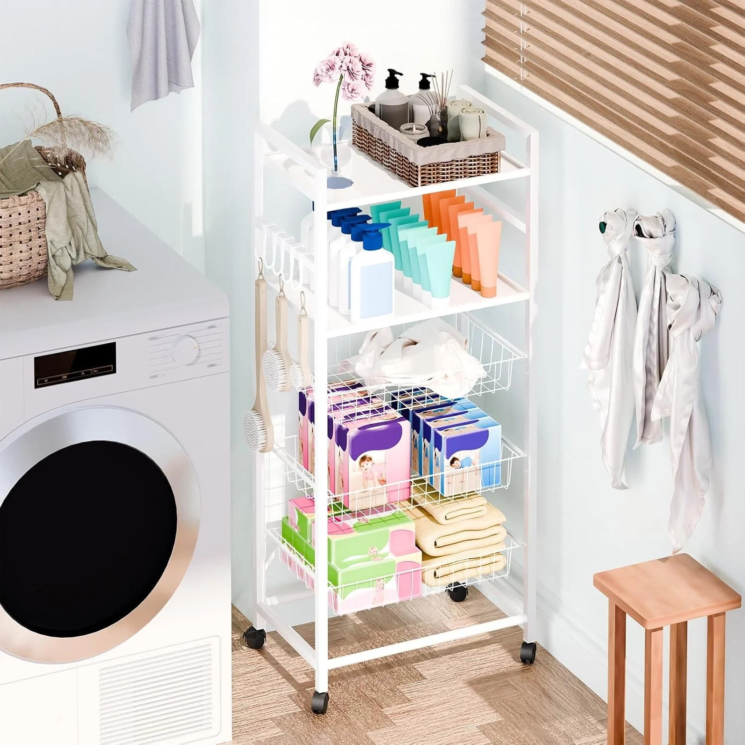 سبد ذخیره سازی 5 طبقه میوه و سبزیجات gihusrzx برای آشپزخانه، سبدهای ذخیره سازی سیمی فلزی قابل انباشت با چرخ، سبد سازمان دهنده سطل های ذخیره سازی پیاز سیب زمینی میوه و سبزیجات برای آشپزخانه، انبار سفید