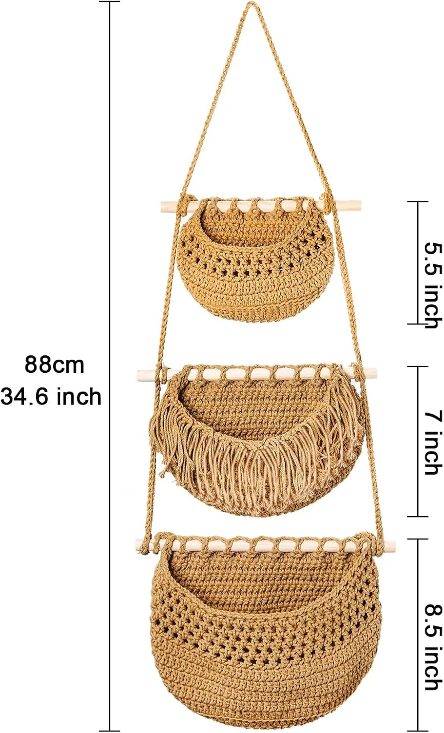 سبد میوه آویز 3 طبقه، سبد های بافته شده نخی آویز دیواری برای سازماندهی میوه و سبزیجات، دکور آشپزخانه بوهمی، سبد آویز دیواری برای آشپزخانه، اتاق خواب، حمام