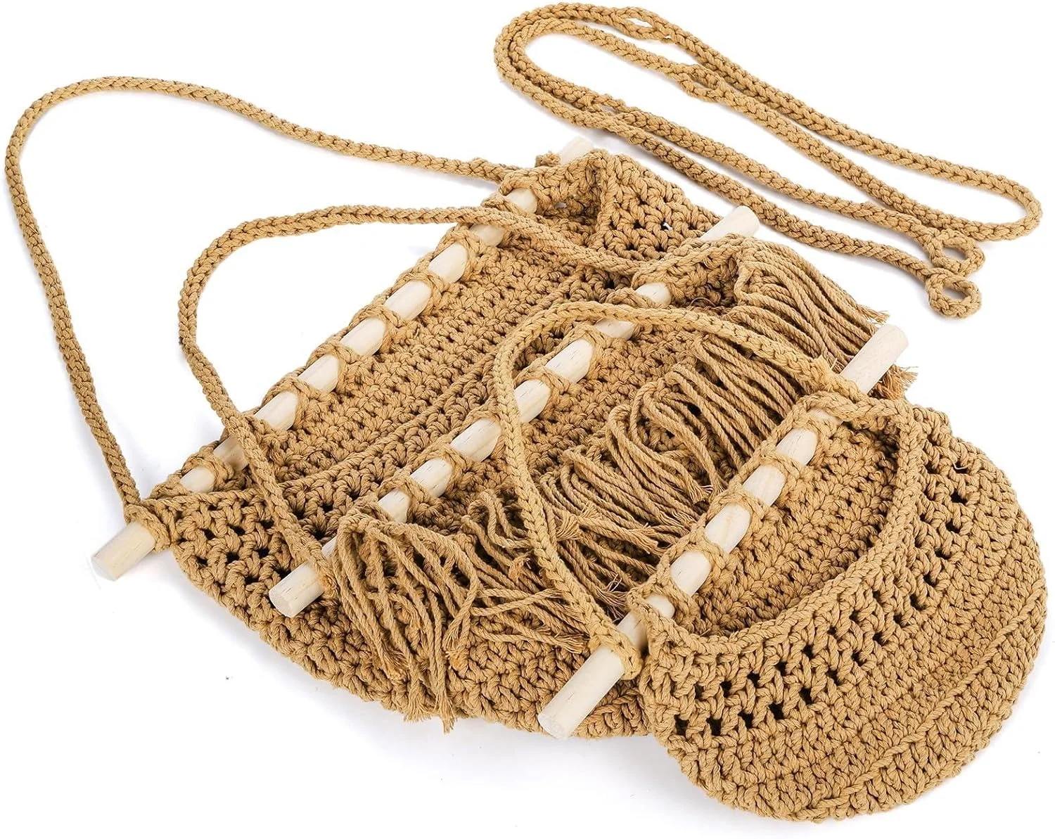 سبد میوه آویز 3 طبقه، سبد های بافته شده نخی آویز دیواری برای سازماندهی میوه و سبزیجات، دکور آشپزخانه بوهمی، سبد آویز دیواری برای آشپزخانه، اتاق خواب، حمام