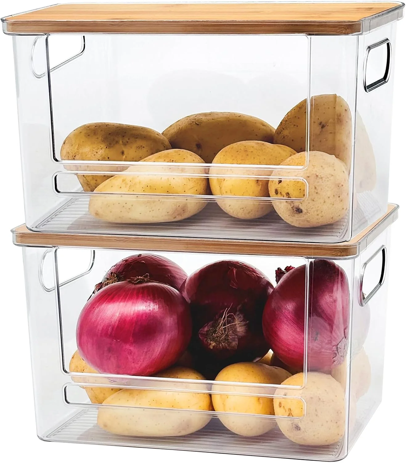 جارلییک سطل های ذخیره سازی انباشته شونده با درب بامبو، سبدهای سازمان دهنده و ذخیره سازی آشپزخانه و انبار، برای پیاز، سیب زمینی، سبزیجات، محصولات و تنقلات، 2 عددی