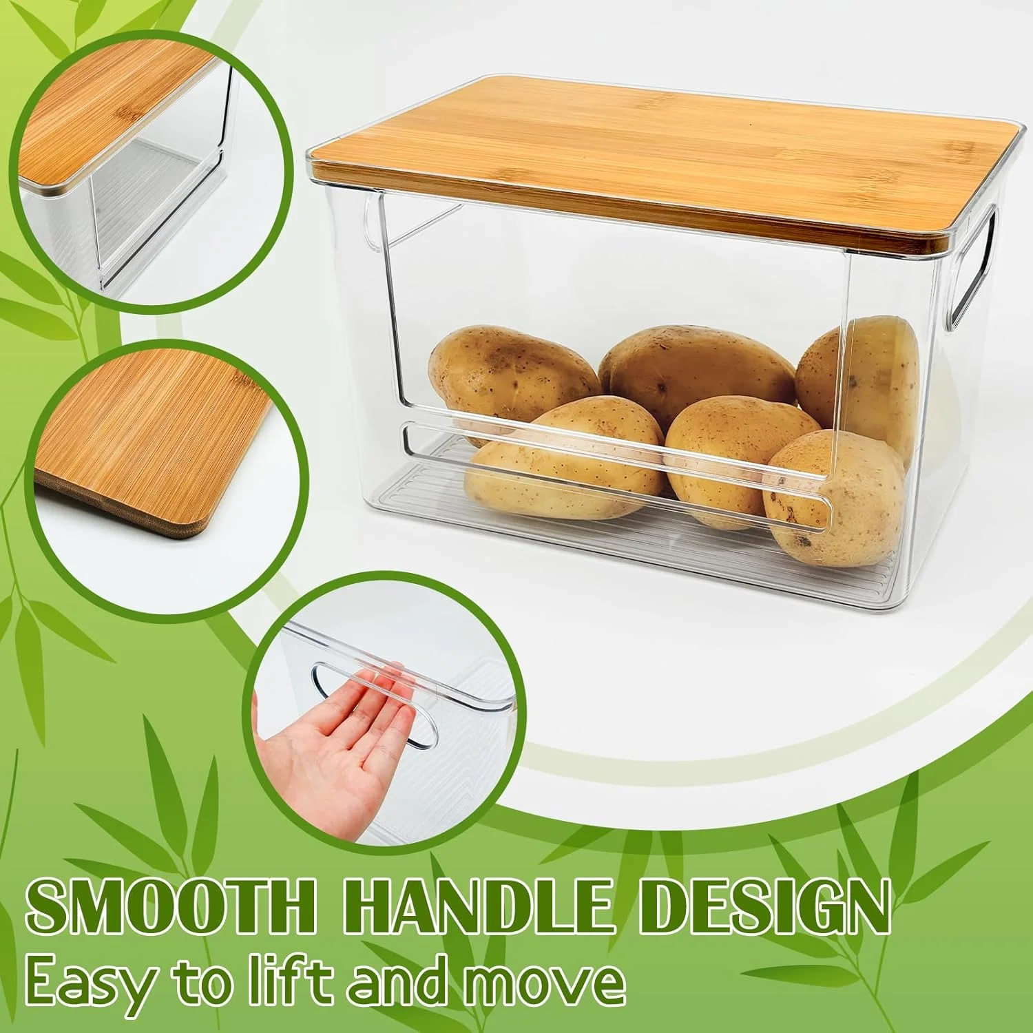 جارلییک سطل های ذخیره سازی انباشته شونده با درب بامبو، سبدهای سازمان دهنده و ذخیره سازی آشپزخانه و انبار، برای پیاز، سیب زمینی، سبزیجات، محصولات و تنقلات، 2 عددی