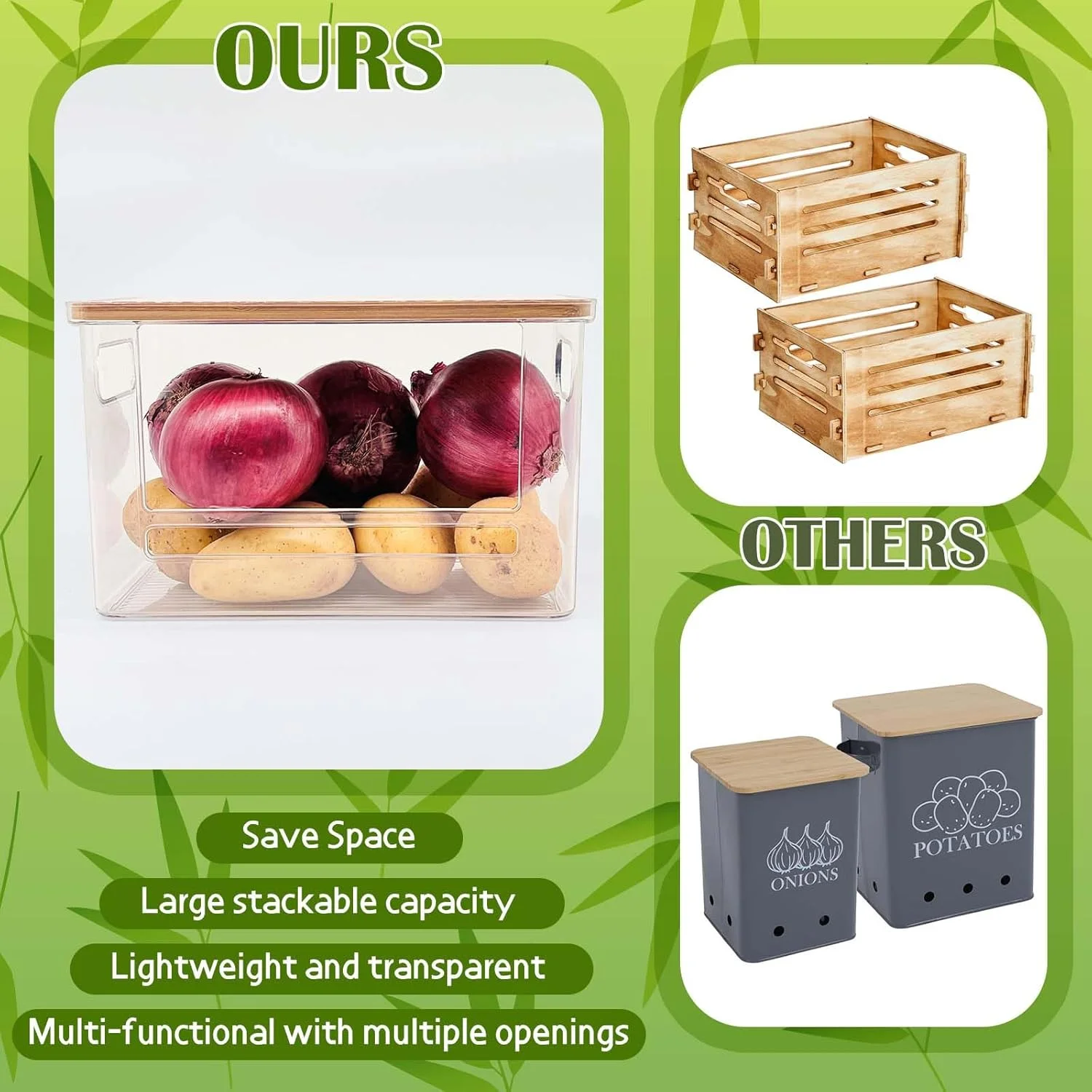 جارلییک سطل های ذخیره سازی انباشته شونده با درب بامبو، سبدهای سازمان دهنده و ذخیره سازی آشپزخانه و انبار، برای پیاز، سیب زمینی، سبزیجات، محصولات و تنقلات، 2 عددی
