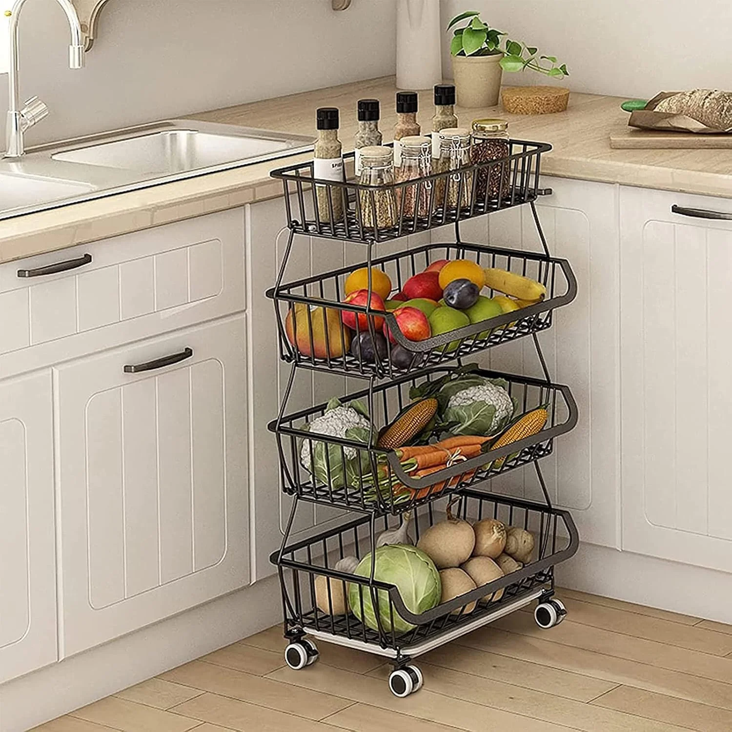 سبد میوه برای آشپزخانه، سبد ذخیره سازی سیمی با چرخ، چرخ دستی ذخیره سازی میوه و سبزیجات، قفسه سطل سبزیجات برای پیاز و سیب زمینی، 4 طبقه (رنگ: 4 طبقه)