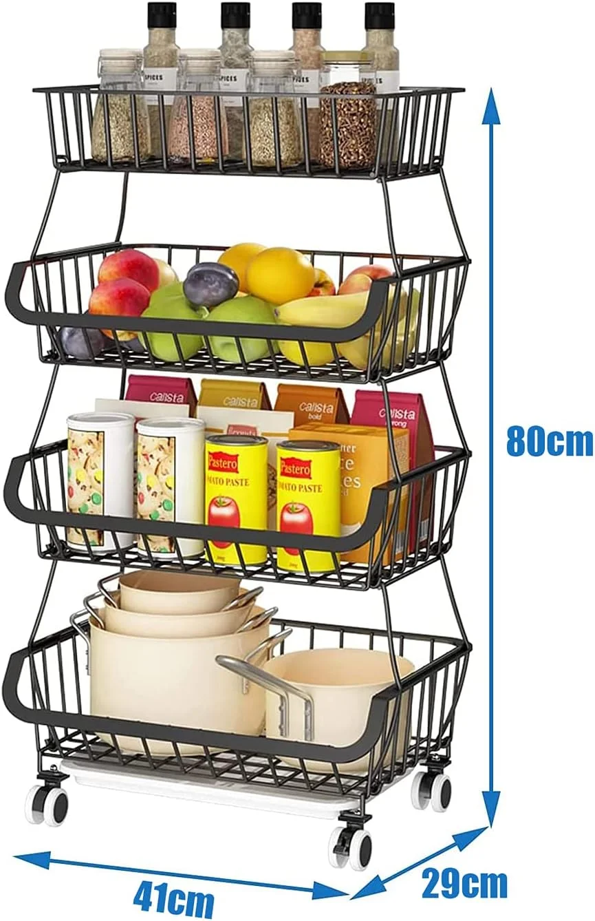 سبد میوه برای آشپزخانه، سبد ذخیره سازی سیمی با چرخ، چرخ دستی ذخیره سازی میوه و سبزیجات، قفسه سطل سبزیجات برای پیاز و سیب زمینی، 4 طبقه (رنگ: 4 طبقه)
