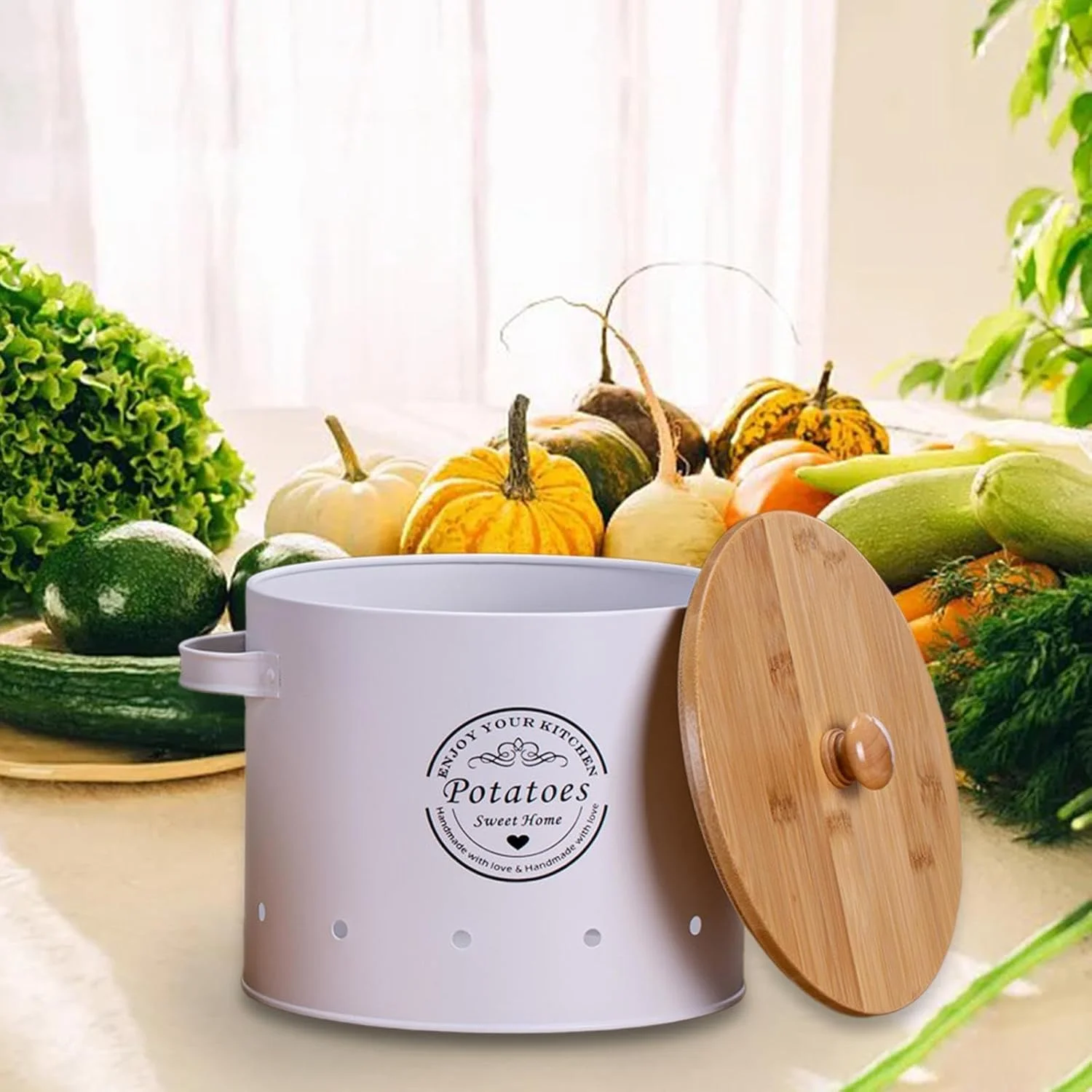 Kitchen Storage Canister, Vegetables Storage Bin, Rustic Potato Onion Storage Tin Veggies Jars Pot for Counter Home, L