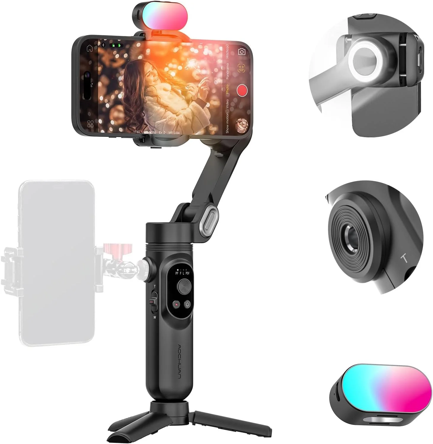 لرزشگیر گیمبال دستی 3 محوره AOCHUAN برای گوشی های هوشمند آیفون و اندروید، ضد لرزش با رزوه 1/4، نور مغناطیسی RGB، گیمبال تلفن ردیابی هوش مصنوعی برای وبلاگ نویسی برای TikTok، YouTube - کیت هوشمند X مشکی