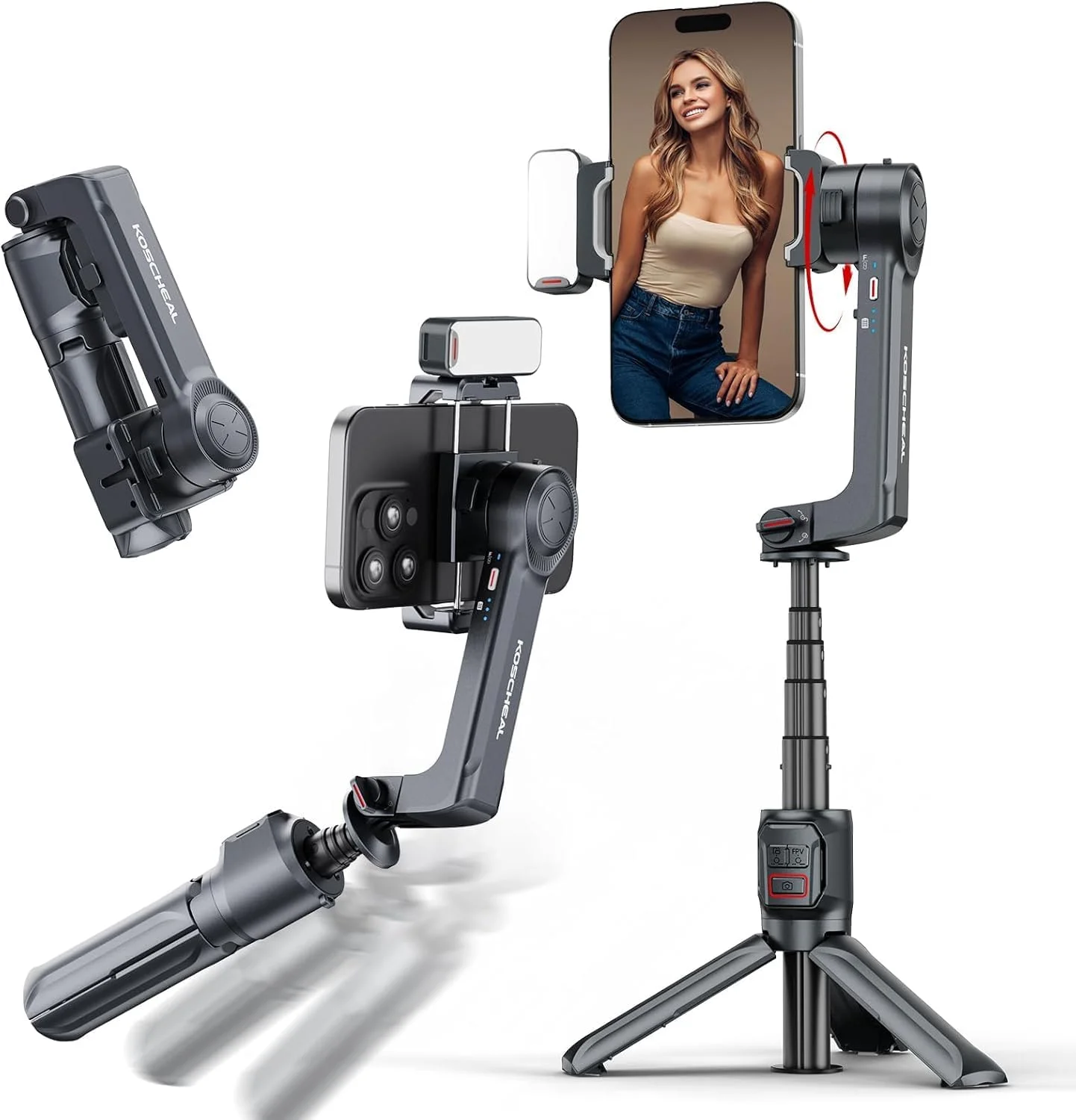 لرزشگیر تلفن همراه KOSCHEAL، لرزشگیر 2 محوره تلفن هوشمند با نور پرکننده و سه پایه با کنترل از راه دور بی سیم چرخش خودکار 360 درجه، حالت صحنه، بدون نیاز به برنامه، برای Vlog و TikTok