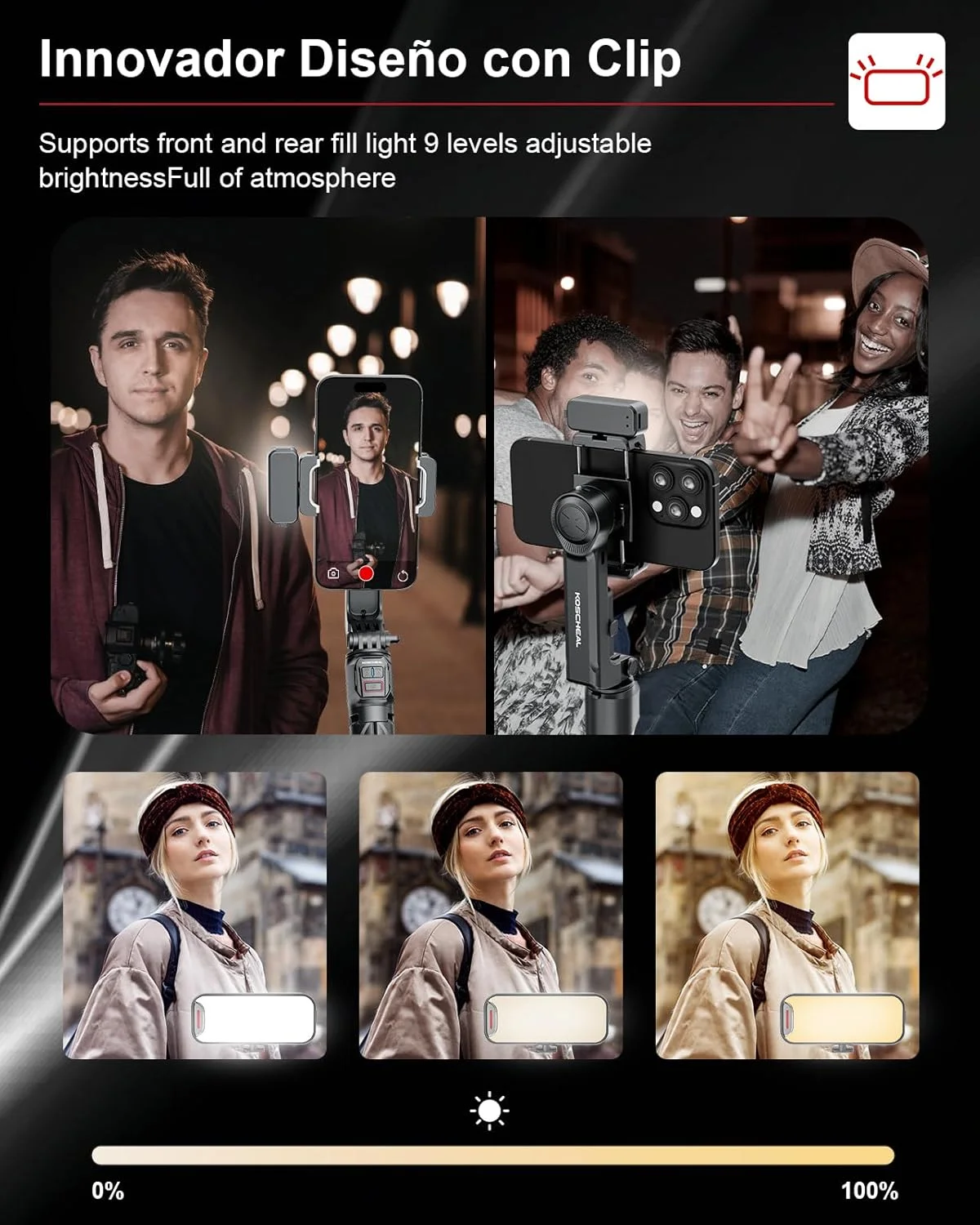 لرزشگیر تلفن همراه KOSCHEAL، لرزشگیر 2 محوره تلفن هوشمند با نور پرکننده و سه پایه با کنترل از راه دور بی سیم چرخش خودکار 360 درجه، حالت صحنه، بدون نیاز به برنامه، برای Vlog و TikTok لرزشگیر تلفن همراه KOSCHEAL، لرزشگیر 2 محوره تلفن هوشمند با نور پرکننده و سه پایه با کنترل از راه دور بی سیم چرخش خودکار 360 درجه، حالت صحنه، بدون نیاز به برنامه، برای Vlog و TikTok