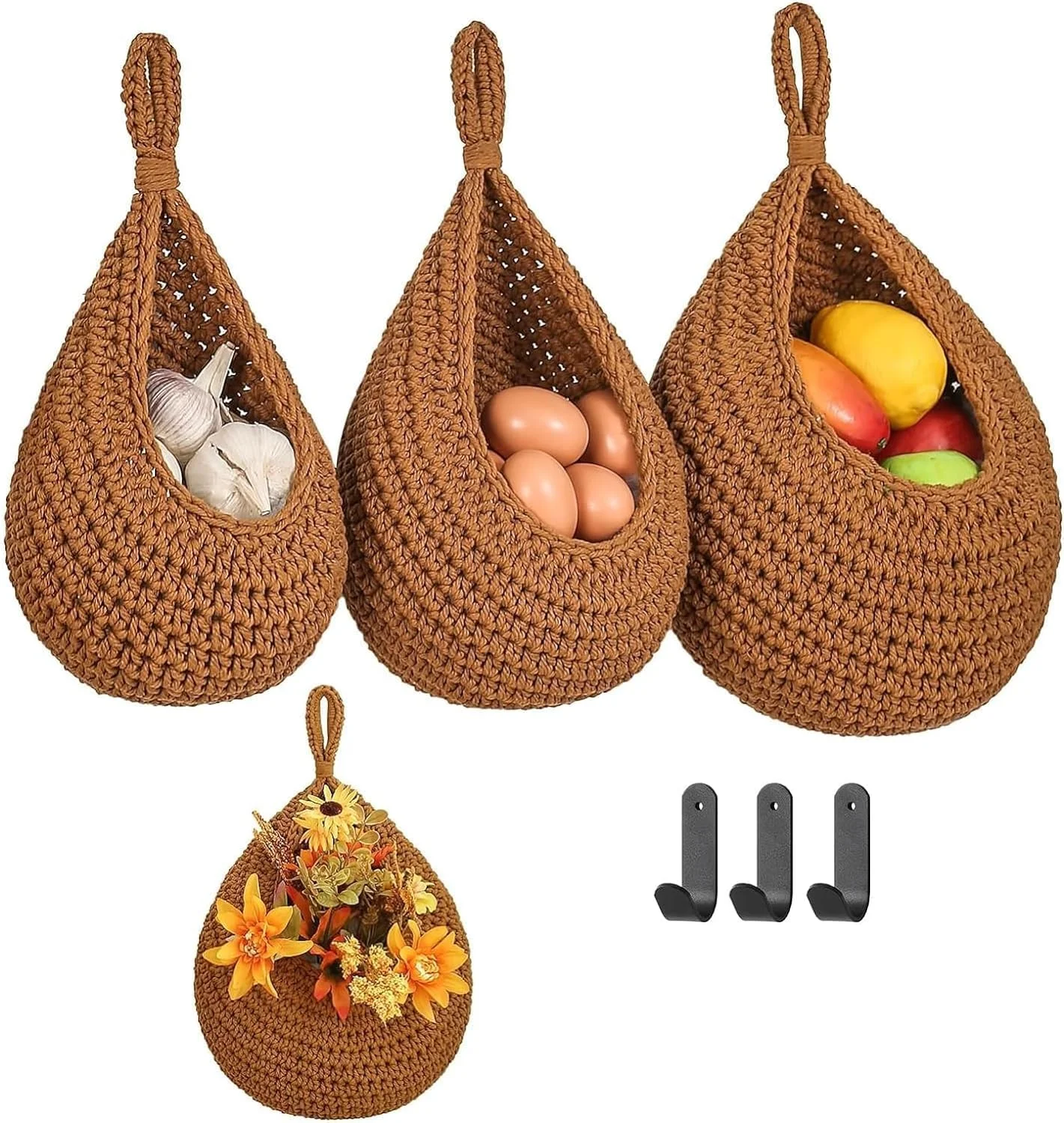 MostNow Hanging Baskets,3 Pcs Boho Wall Hanging Fruit Baskets for Kitchen,Woven Produce Holder with Strong Hooks Vegetable Hanging Basket for Organizing Teardrop Home Wall Potato Onion Storage (Brown) MostNow Hanging Baskets,3 Pcs Boho Wall Hanging Fruit Baskets for Kitchen,Woven Produce Holder with Strong Hooks Vegetable Hanging Basket for Organizing Teardrop Home Wall Potato Onion Storage (Brown)