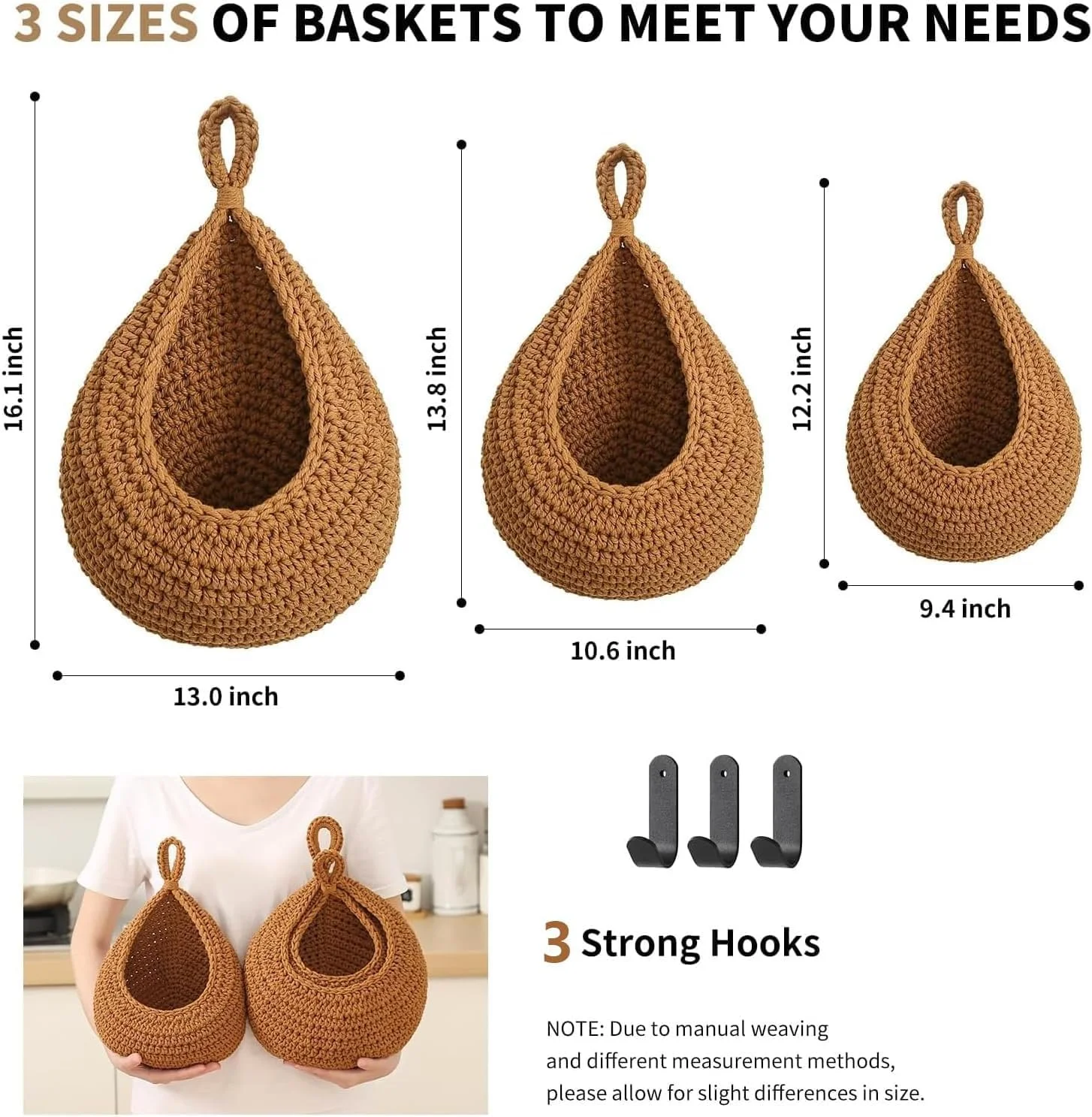 MostNow Hanging Baskets,3 Pcs Boho Wall Hanging Fruit Baskets for Kitchen,Woven Produce Holder with Strong Hooks Vegetable Hanging Basket for Organizing Teardrop Home Wall Potato Onion Storage (Brown) MostNow Hanging Baskets,3 Pcs Boho Wall Hanging Fruit Baskets for Kitchen,Woven Produce Holder with Strong Hooks Vegetable Hanging Basket for Organizing Teardrop Home Wall Potato Onion Storage (Brown)