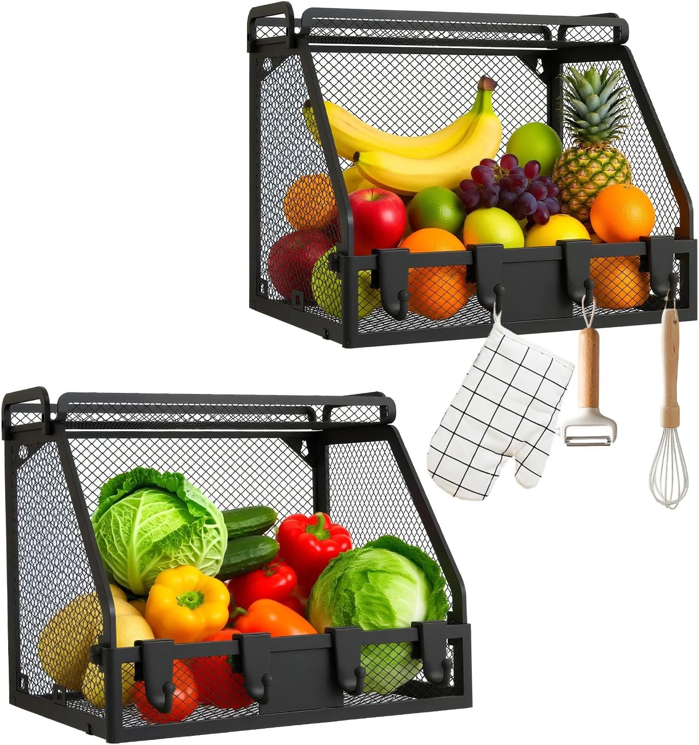سبد آویز میوه آشپزخانه NCONCO، سبد فلزی آویز و رومیزی آشپزخانه برای نگهداری تنقلات، پیاز و سیب زمینی، بسته 2 عددی