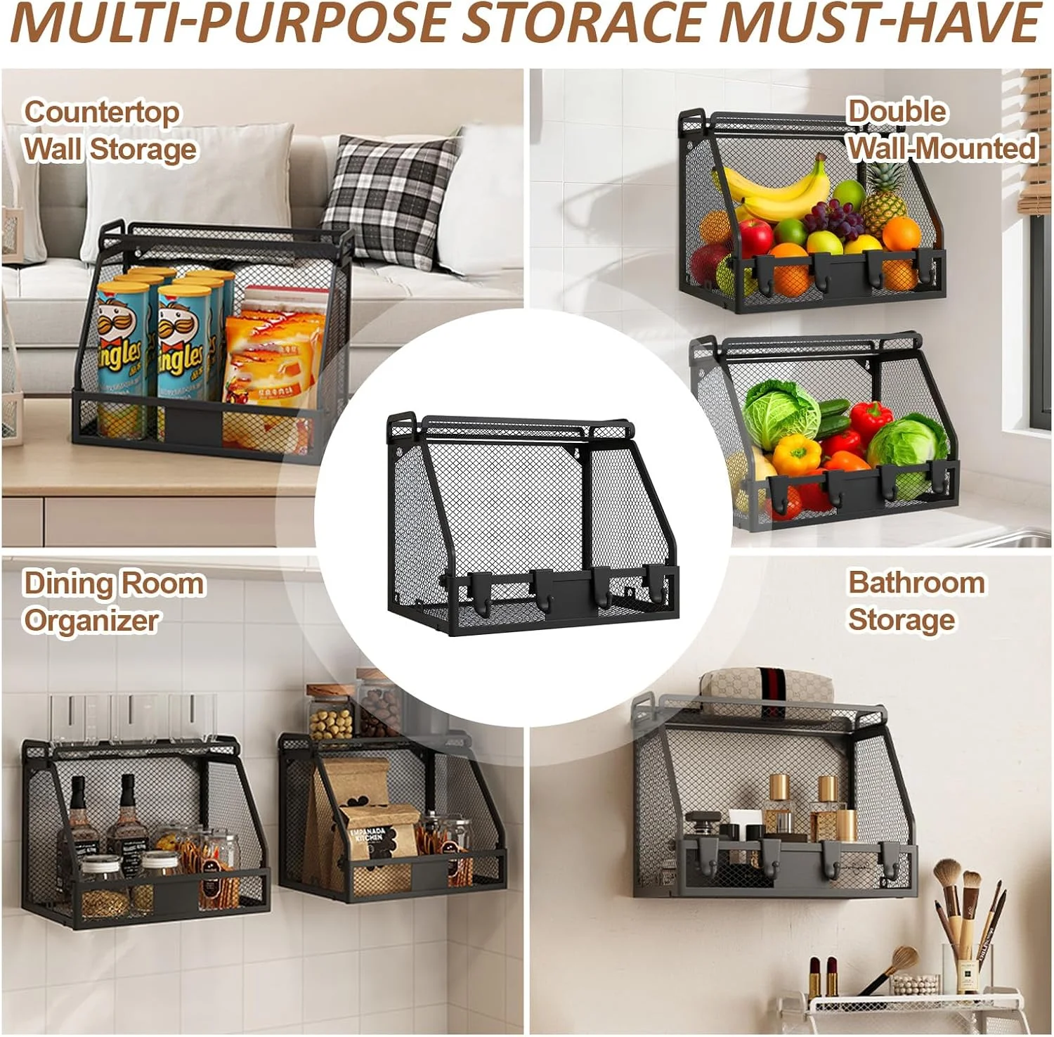 سبد آویز میوه آشپزخانه NCONCO، سبد فلزی آویز و رومیزی آشپزخانه برای نگهداری تنقلات، پیاز و سیب زمینی، بسته 2 عددی