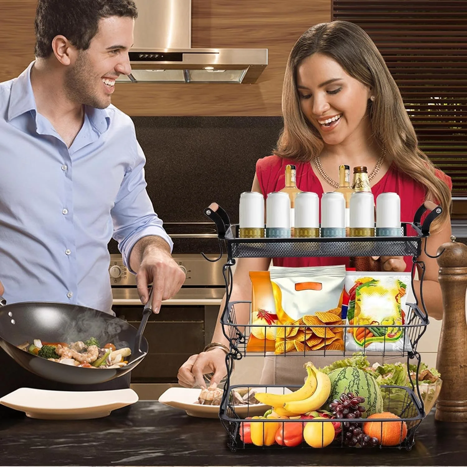 سبد میوه و سبزیجات 3 طبقه برای آشپزخانه | نظم دهنده و نگهدارنده با آویز موز برای سیب زمینی، پیاز، سبزیجات، نان، محصولات کشاورزی، انبار، خانه و آپارتمان