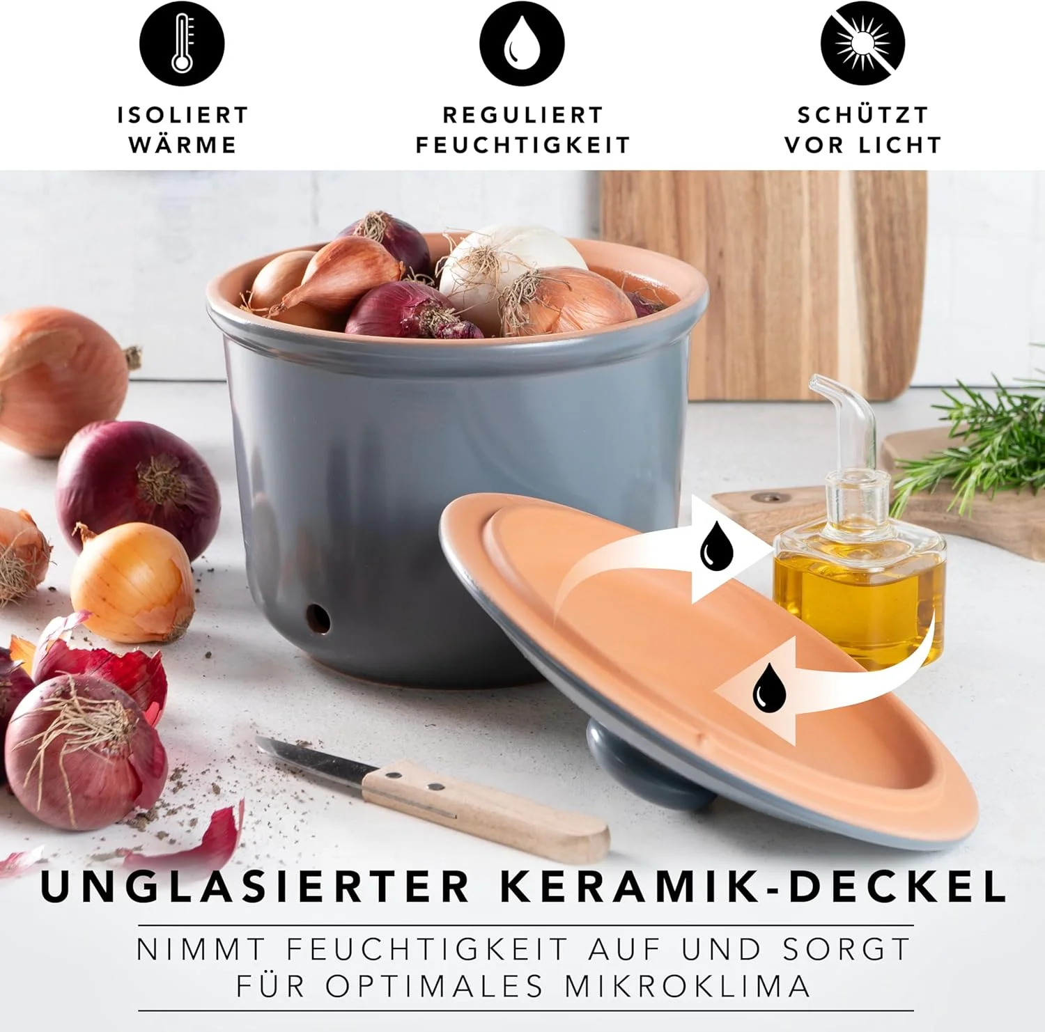 ست 3 تکه ظرف نگهداری رومرتاپف - جعبه سرامیکی نگهداری سیر، پیاز و سیب زمینی - خاک رس تنفسی سبزیجات را برای مدت طولانی تری تازه نگه می دارد - آبی/خاکستری