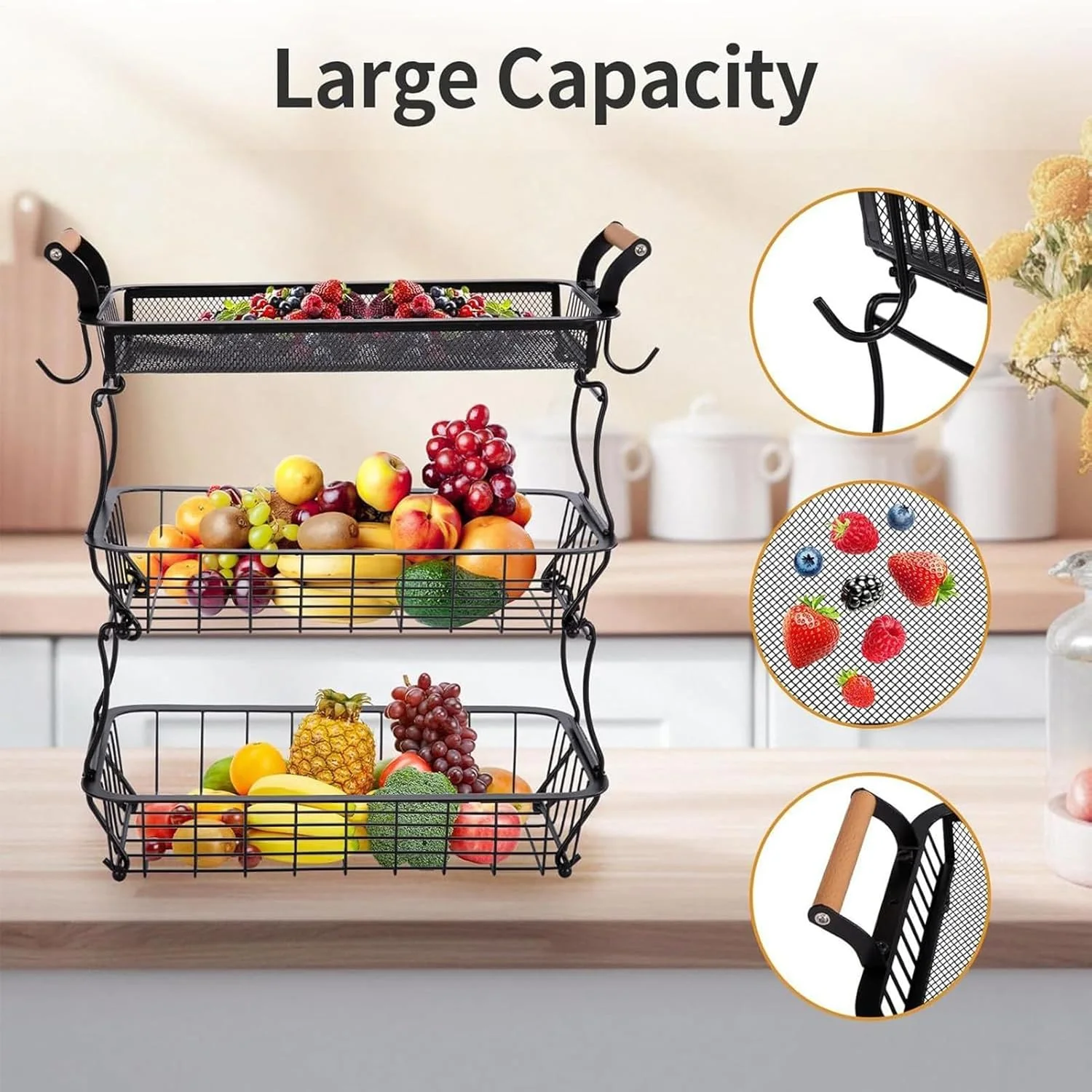 سبد میوه و سبزیجات، سبد ذخیره سازی 3 طبقه، سازمان دهنده نمایش با آویز موز، لوازم جانبی آشپزخانه برای سیب زمینی، نان، اسنک، پیاز و محصولات کشاورزی سبد میوه و سبزیجات، سبد ذخیره سازی 3 طبقه، سازمان دهنده نمایش با آویز موز، لوازم جانبی آشپزخانه برای سیب زمینی، نان، اسنک، پیاز و محصولات کشاورزی