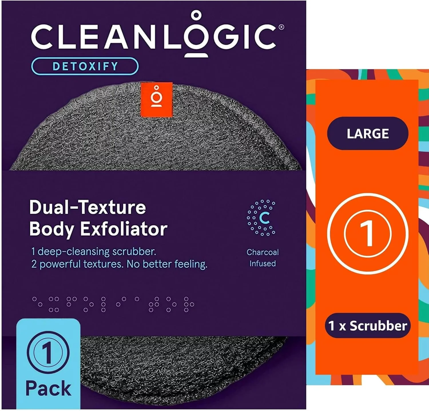 لیف لایه بردار بدن آغشته به زغال چوب Cleanlogic Detoxify، ابزار لایه بردار گرد با بافت دوگانه برای پوست صاف و تمیز، روتین روزانه مراقبت از پوست، 1 عدد