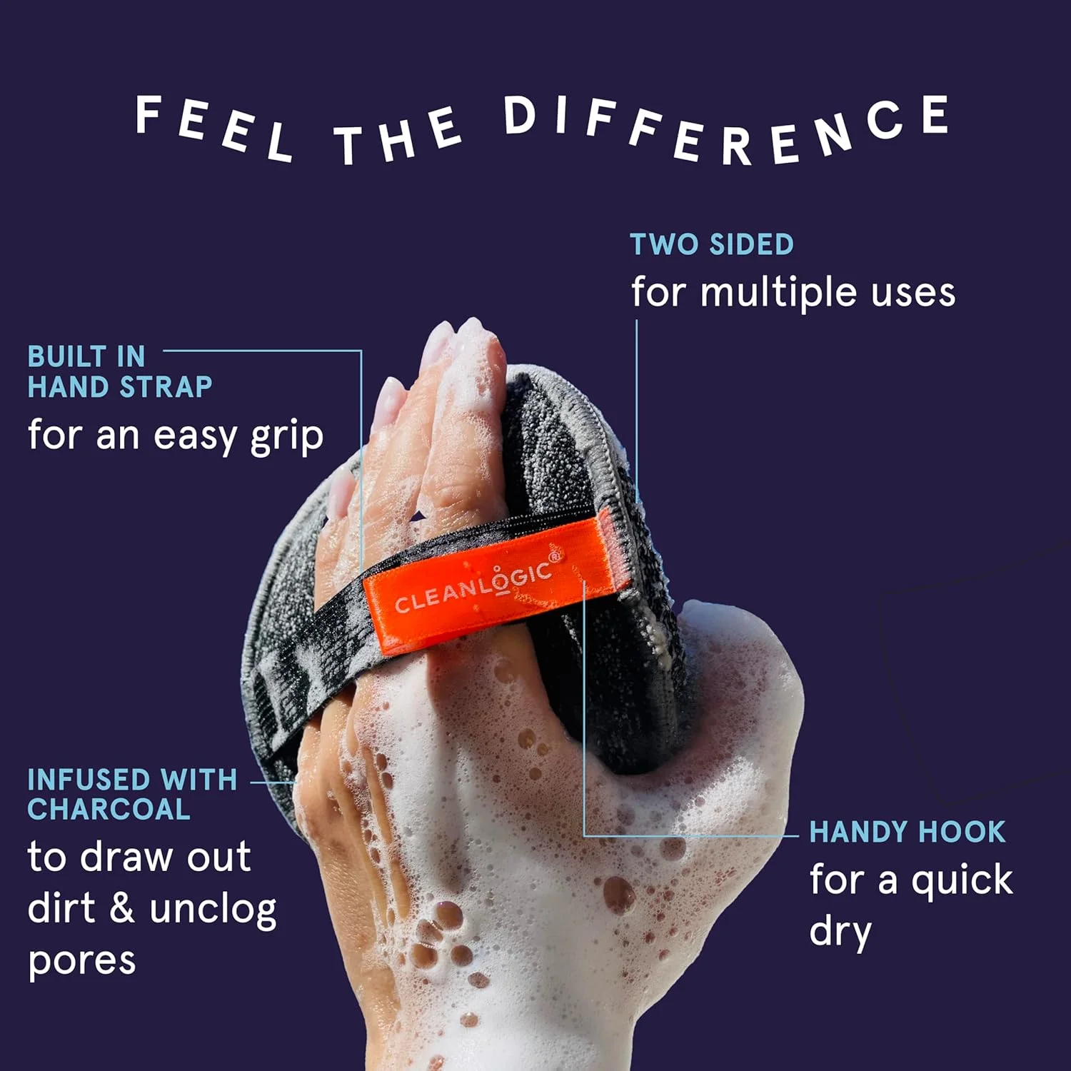 لیف لایه بردار بدن آغشته به زغال چوب Cleanlogic Detoxify، ابزار لایه بردار گرد با بافت دوگانه برای پوست صاف و تمیز، روتین روزانه مراقبت از پوست، 1 عدد
