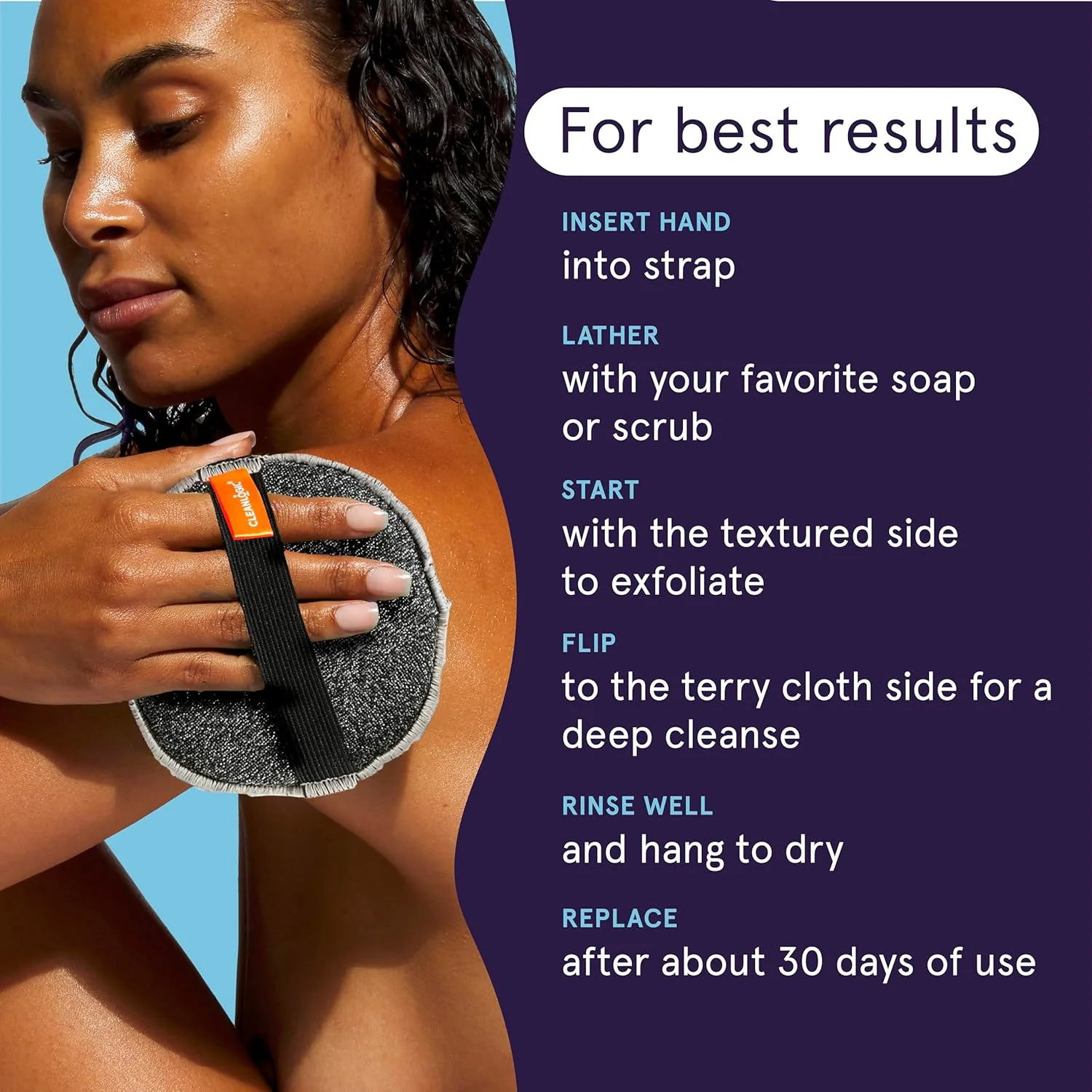 لیف لایه بردار بدن آغشته به زغال چوب Cleanlogic Detoxify، ابزار لایه بردار گرد با بافت دوگانه برای پوست صاف و تمیز، روتین روزانه مراقبت از پوست، 1 عدد