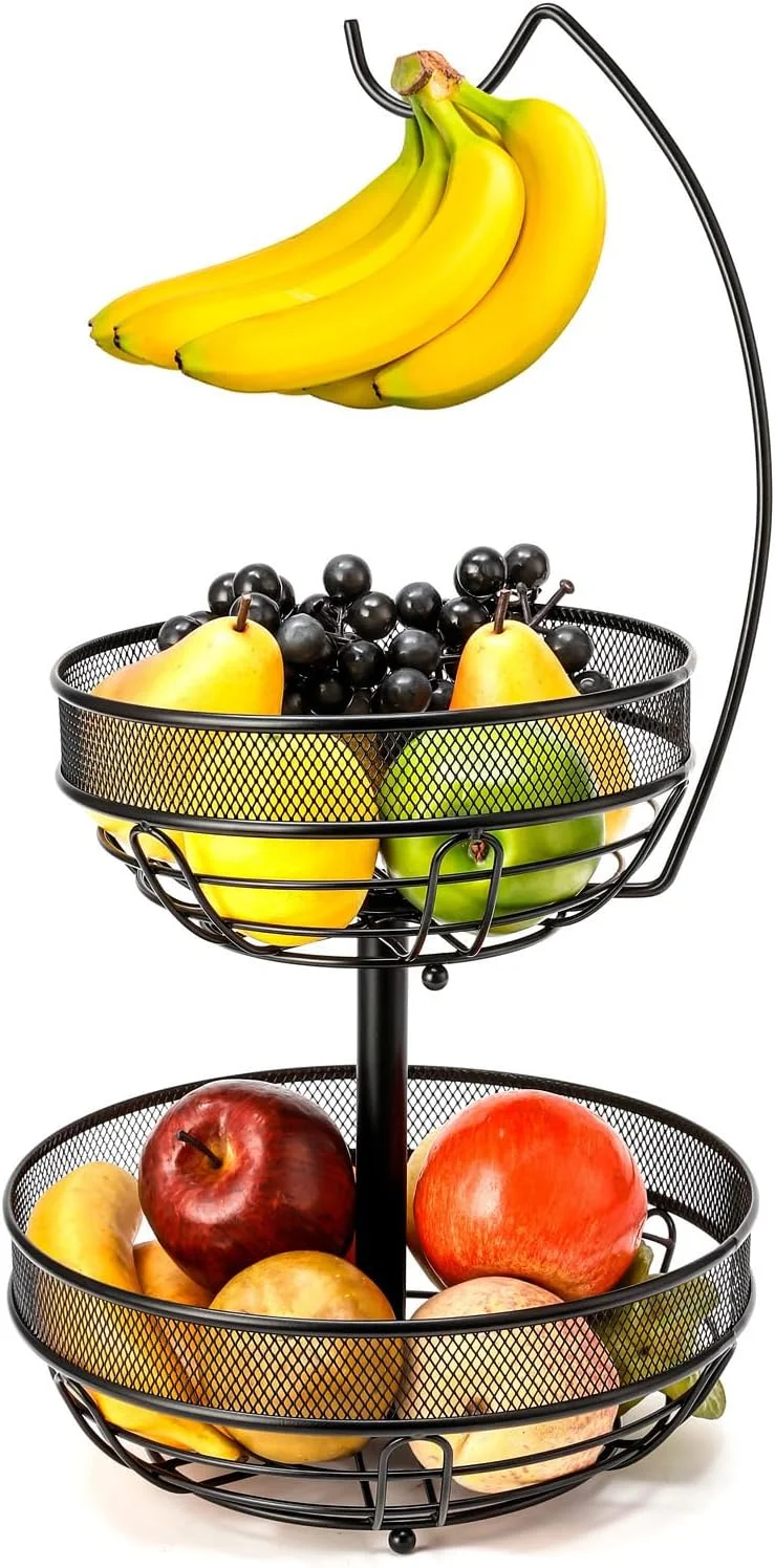 سبد میوه دو طبقه Smaiczm با آویز دوگانه درخت موز - سبد فلزی سیم دار برای نگهداری نان، پیاز و سیب زمینی روی میز آشپزخانه (مشکی، دو طبقه)