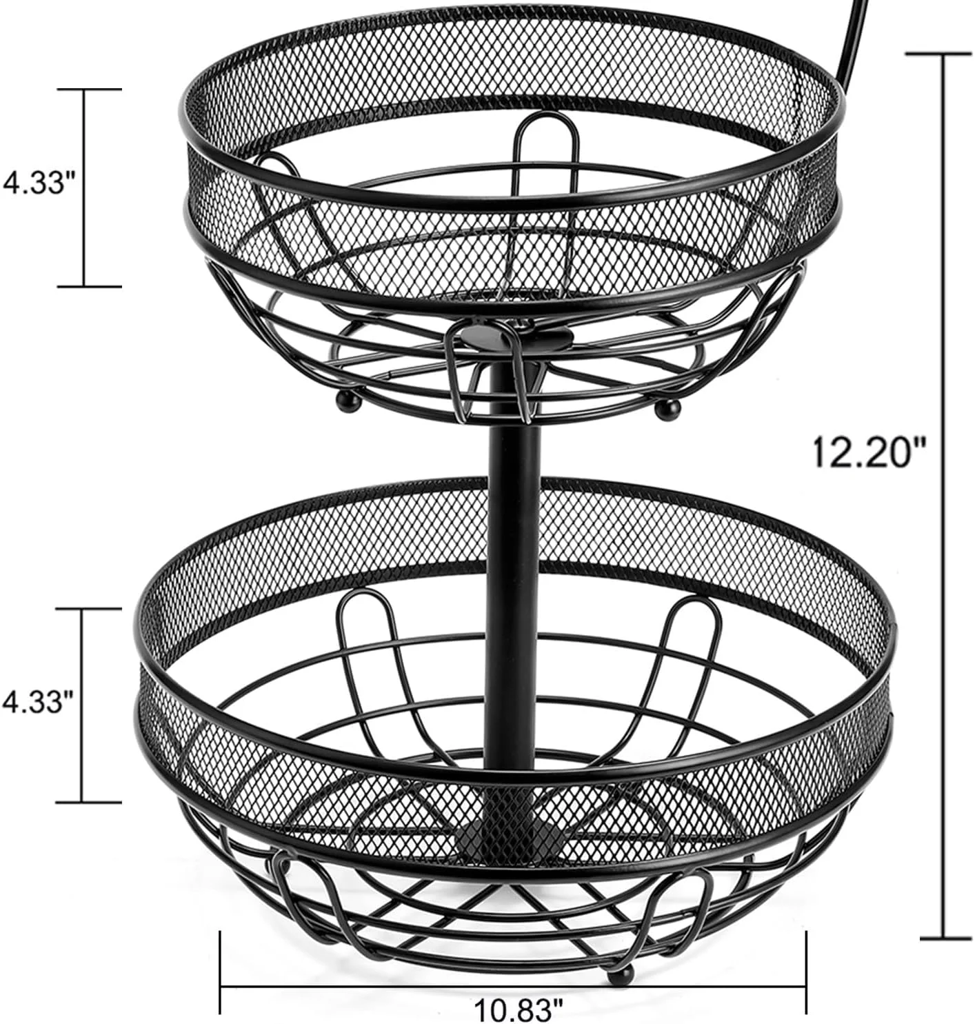 سبد میوه دو طبقه Smaiczm با آویز دوگانه درخت موز - سبد فلزی سیم دار برای نگهداری نان، پیاز و سیب زمینی روی میز آشپزخانه (مشکی، دو طبقه)