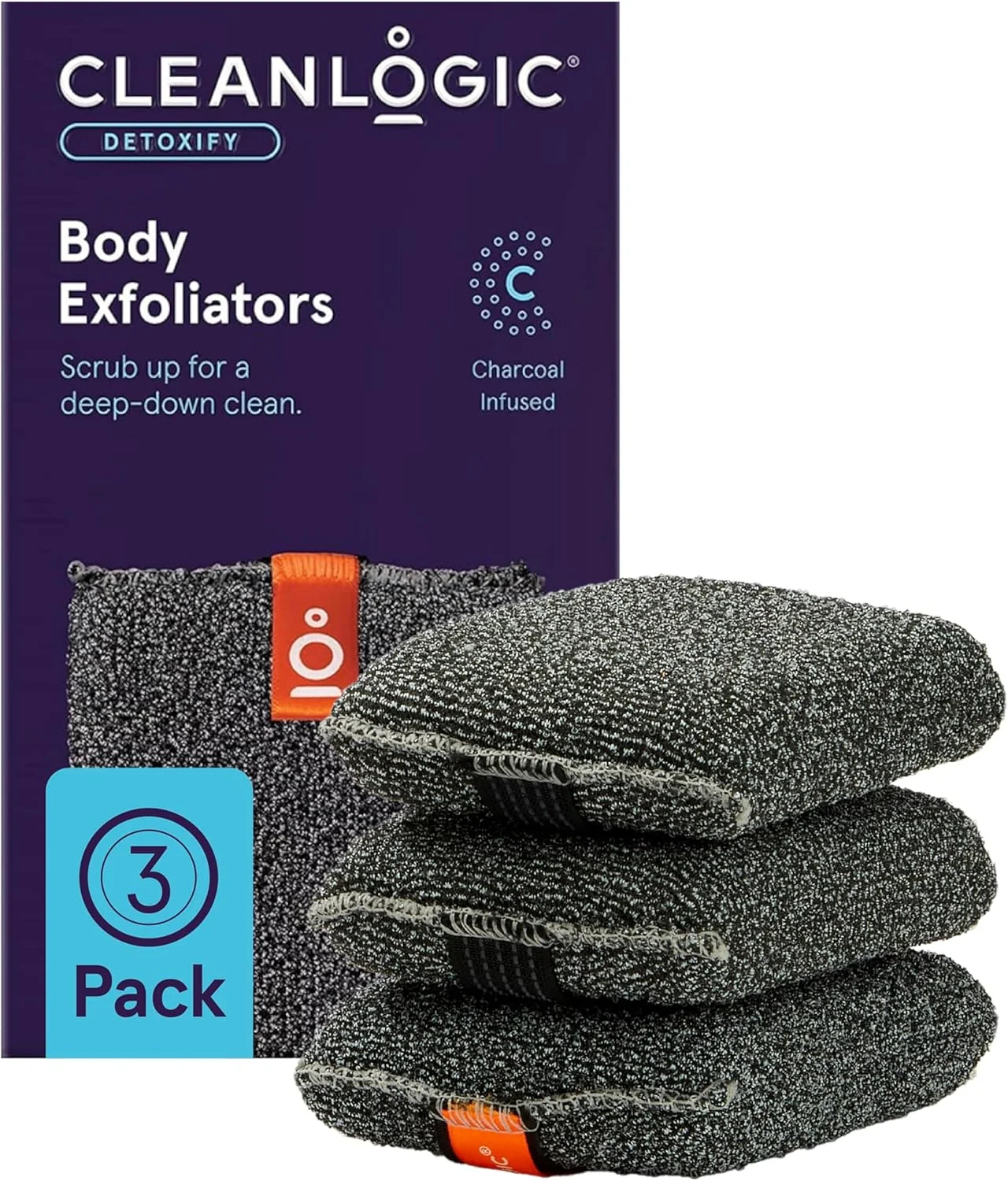 لیف لایه بردار بدن Cleanlogic حاوی زغال فعال، ابزار لایه بردار چندبار مصرف برای پوستی نرم و لطیف تر، روتین روزانه مراقبت از پوست، بسته 3 عددی لیف لایه بردار بدن Cleanlogic حاوی زغال فعال، ابزار لایه بردار چندبار مصرف برای پوستی نرم و لطیف تر، روتین روزانه مراقبت از پوست، بسته 3 عددی