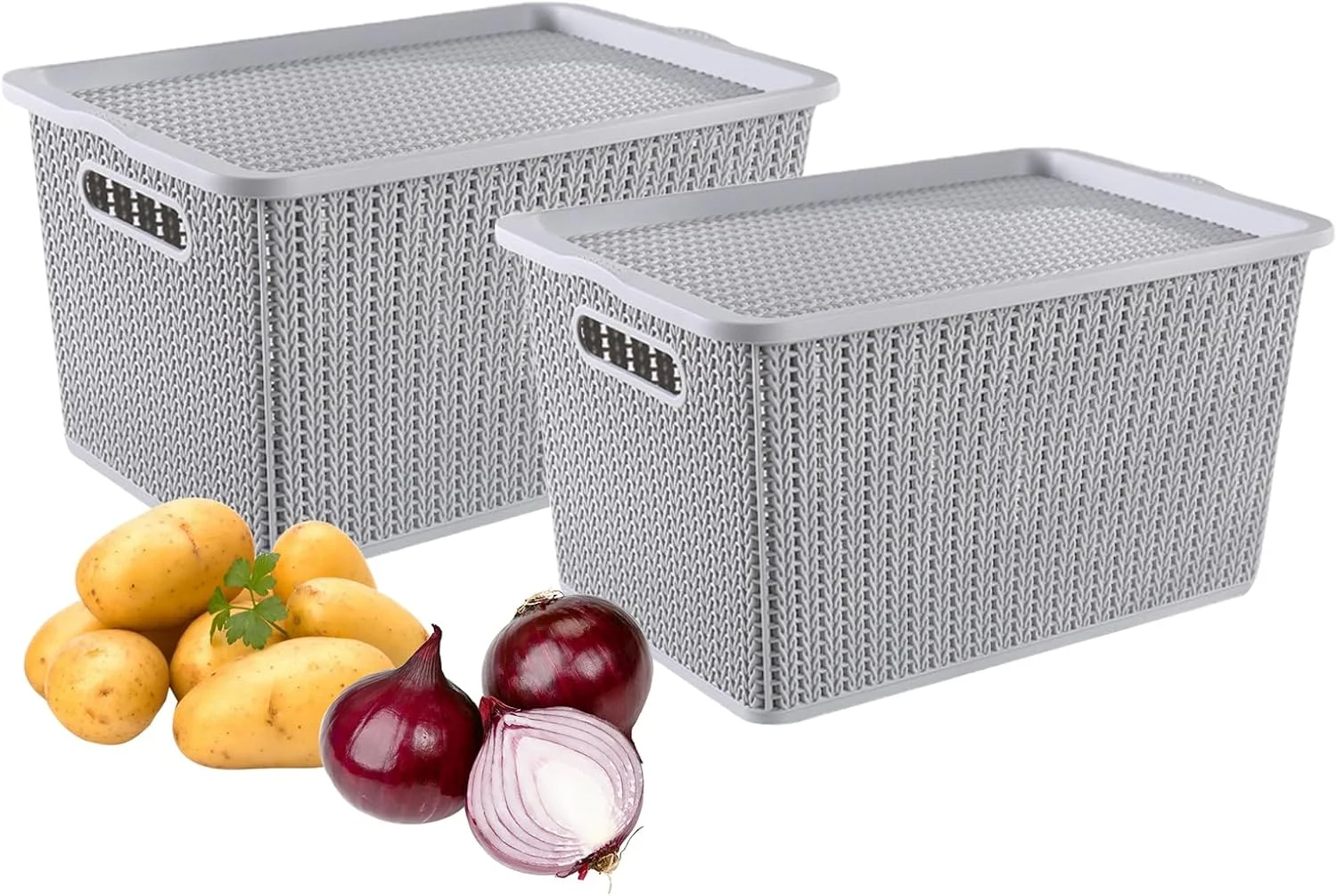 سبدهای ذخیره سازی پیاز و سیب زمینی، سطل های پلاستیکی قابل انباشت با درب، بدون BPA، سازمان دهنده های چند منظوره برای آشپزخانه، روی میز و سازماندهی سبدهای ذخیره سازی سبزیجات بیشتر