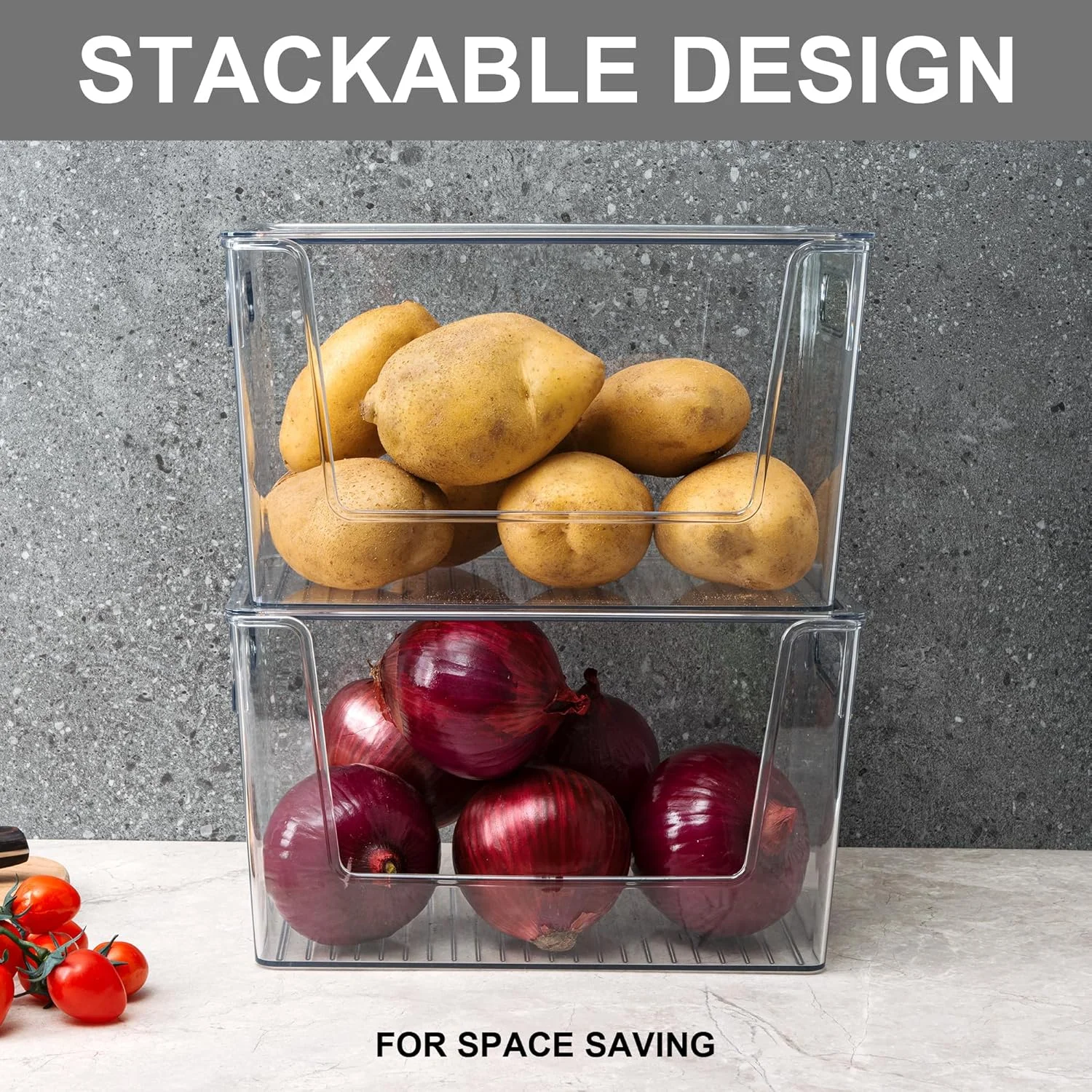 بسته 2 عددی سطل های نگهداری بزرگ و قابل چیدن، سازمان دهنده ظروف پلاستیکی با جلوی باز، سازمان دهنده های انبار و نگهداری برای سیب زمینی، پیاز، میوه و سبزیجات، سازمان دهنده آشپزخانه و لباسشویی شفاف با درب