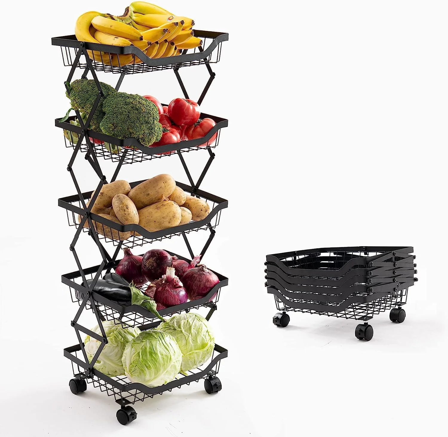 Vegetable and Fruit Storage Basket, 5 Tier Foldable Pantry Organization and Storage Shelving for Potato, Onion, Snack, Rolling Storage Cart with Lockable Wheels for Kithen, Pantry, Bathroom