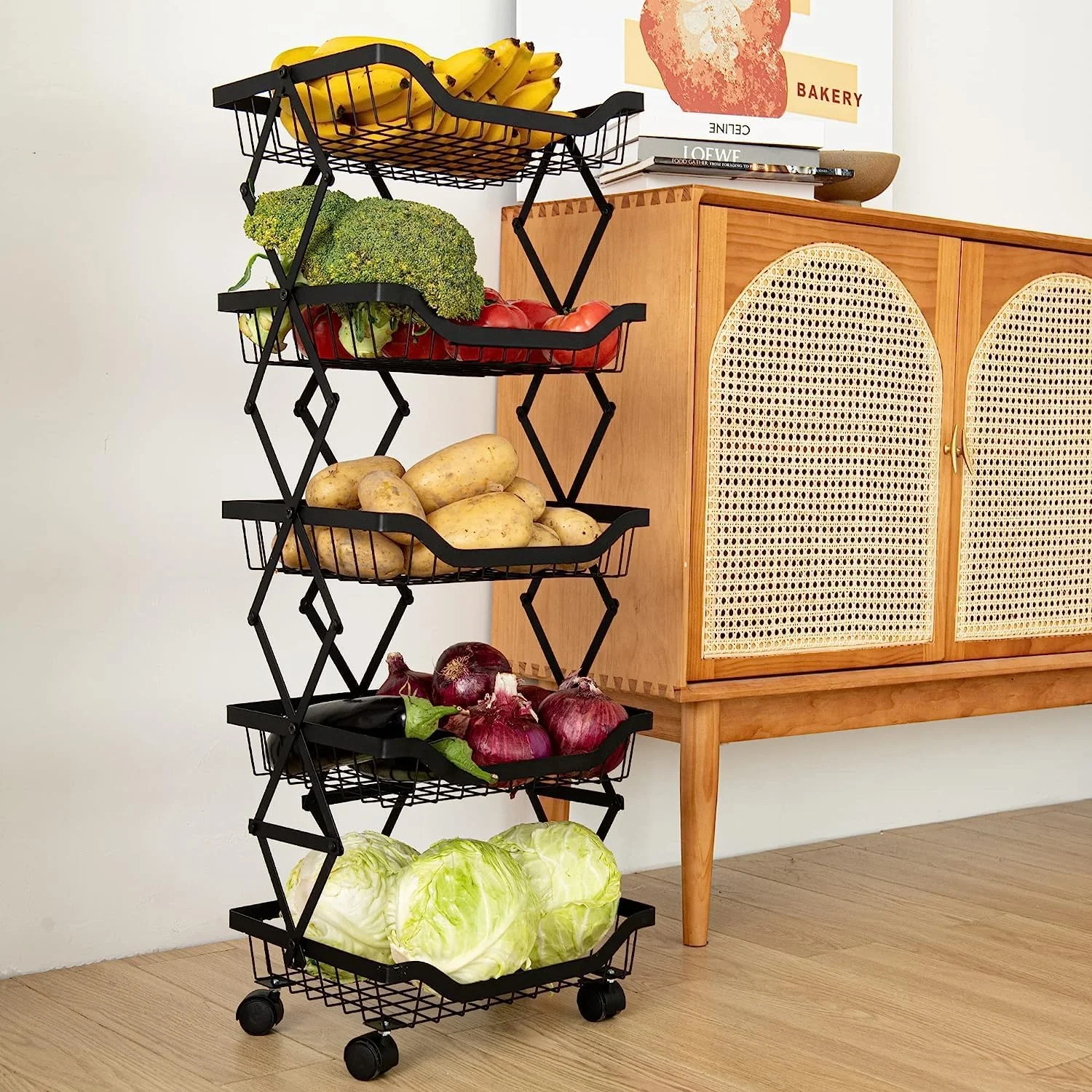 Vegetable and Fruit Storage Basket, 5 Tier Foldable Pantry Organization and Storage Shelving for Potato, Onion, Snack, Rolling Storage Cart with Lockable Wheels for Kithen, Pantry, Bathroom Vegetable and Fruit Storage Basket, 5 Tier Foldable Pantry Organization and Storage Shelving for Potato, Onion, Snack, Rolling Storage Cart with Lockable Wheels for Kithen, Pantry, Bathroom