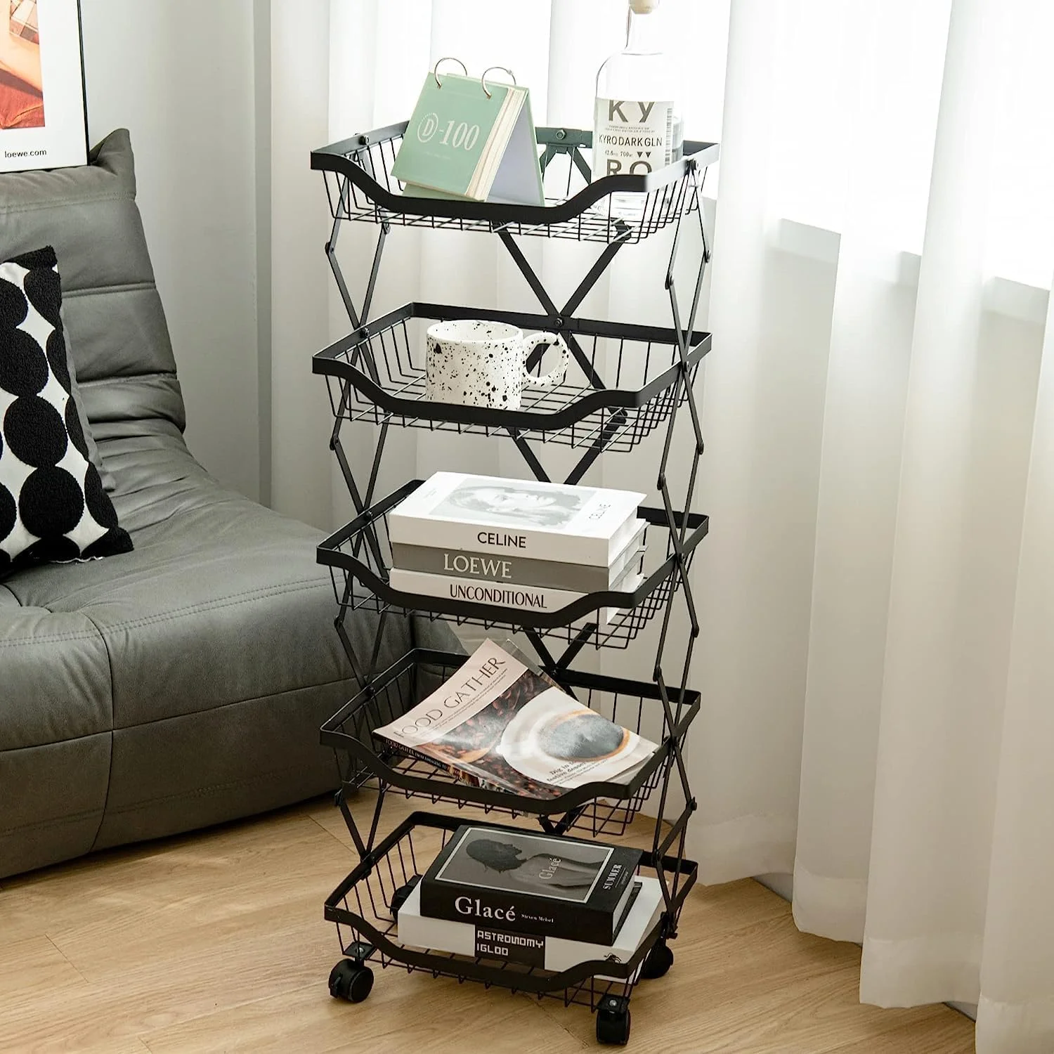 Vegetable and Fruit Storage Basket, 5 Tier Foldable Pantry Organization and Storage Shelving for Potato, Onion, Snack, Rolling Storage Cart with Lockable Wheels for Kithen, Pantry, Bathroom Vegetable and Fruit Storage Basket, 5 Tier Foldable Pantry Organization and Storage Shelving for Potato, Onion, Snack, Rolling Storage Cart with Lockable Wheels for Kithen, Pantry, Bathroom