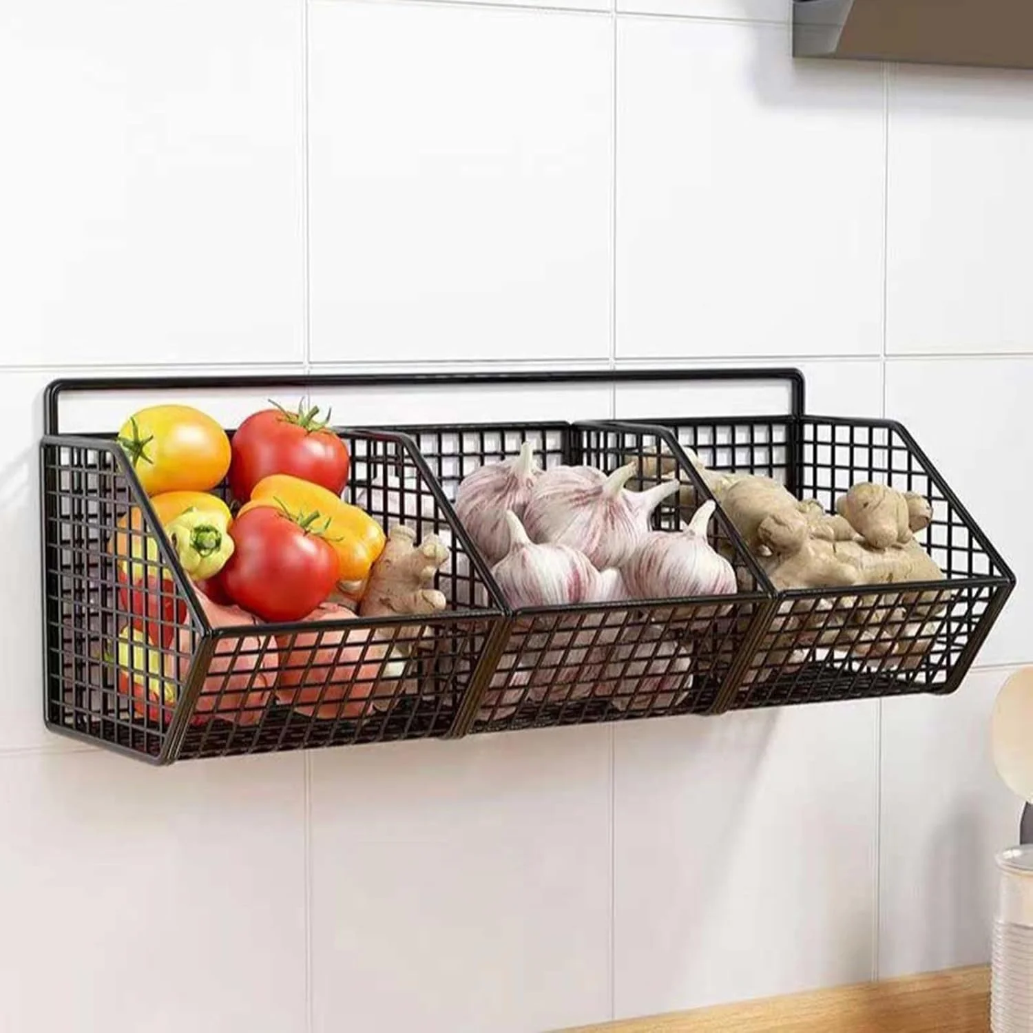 نگهدارنده سبزیجات برای آشپزخانه، سبد میوه 3 قسمتی، سازمان دهنده صرفه جویی در فضا 36x14x15 سانتی متر، قفسه دیواری برای سازماندهی انبار و نگهداری آشپزخانه