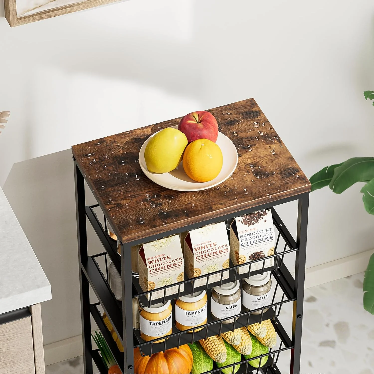 چرخ دستی تنقلات Venkuber، چرخ دستی آشپزخانه 5 طبقه با چرخ و فضای ذخیره سازی، سبد میوه با سبدهای کشویی و رویه چوبی، سازمان دهنده آشپزخانه برای میوه، سبزیجات و تنقلات (قهوه ای)