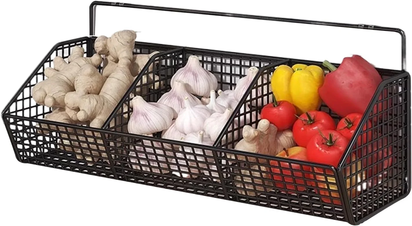 سبد ذخیره سازی دیواری، سبد ذخیره سازی سیب زمینی 3 محفظه - قفسه دیواری صرفه جویی در فضا برای سازماندهی انبار پیاز سیب زمینی آشپزخانه زنجبیل