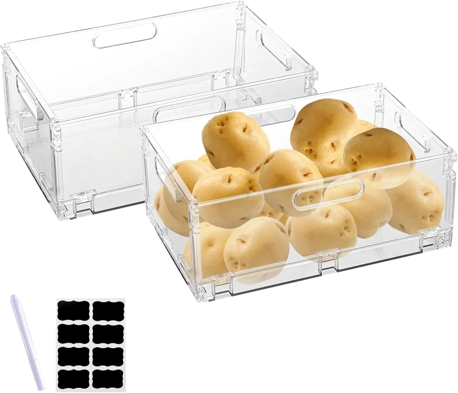 یومجارل، محفظه نگهداری سیب زمینی و پیاز، بسته 2 عددی، جعبه های نگهداری پلاستیکی شفاف و تاشو با دستگیره، سبد نگهداری سبزیجات برای پیاز، سیب زمینی و میوه، مناسب سازماندهی آشپزخانه و انبار