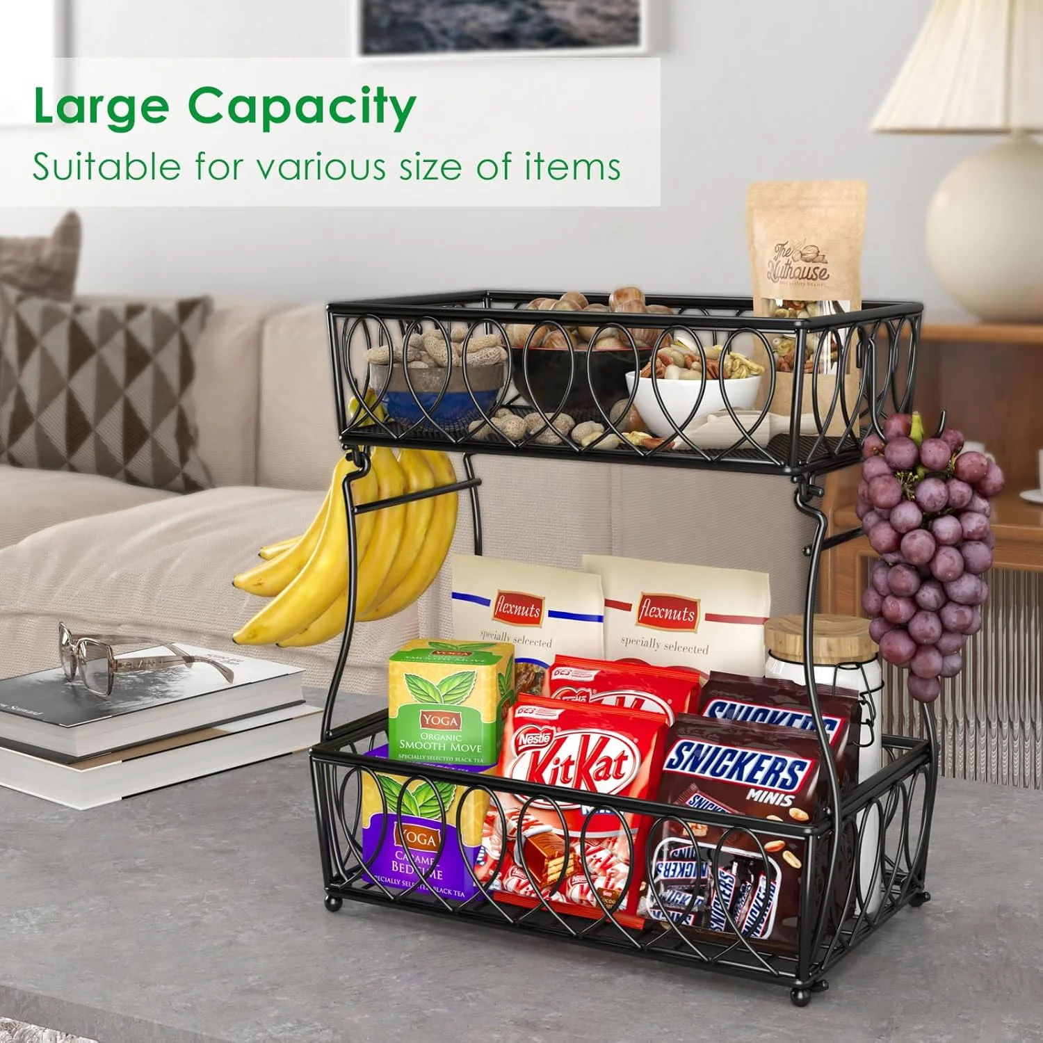 سبد میوه دو طبقه XYZLVSI، کاسه نان برای آشپزخانه، سبد سیمی برای نگهداری سیب زمینی و پیاز، 35 سانتی متر، مشکی