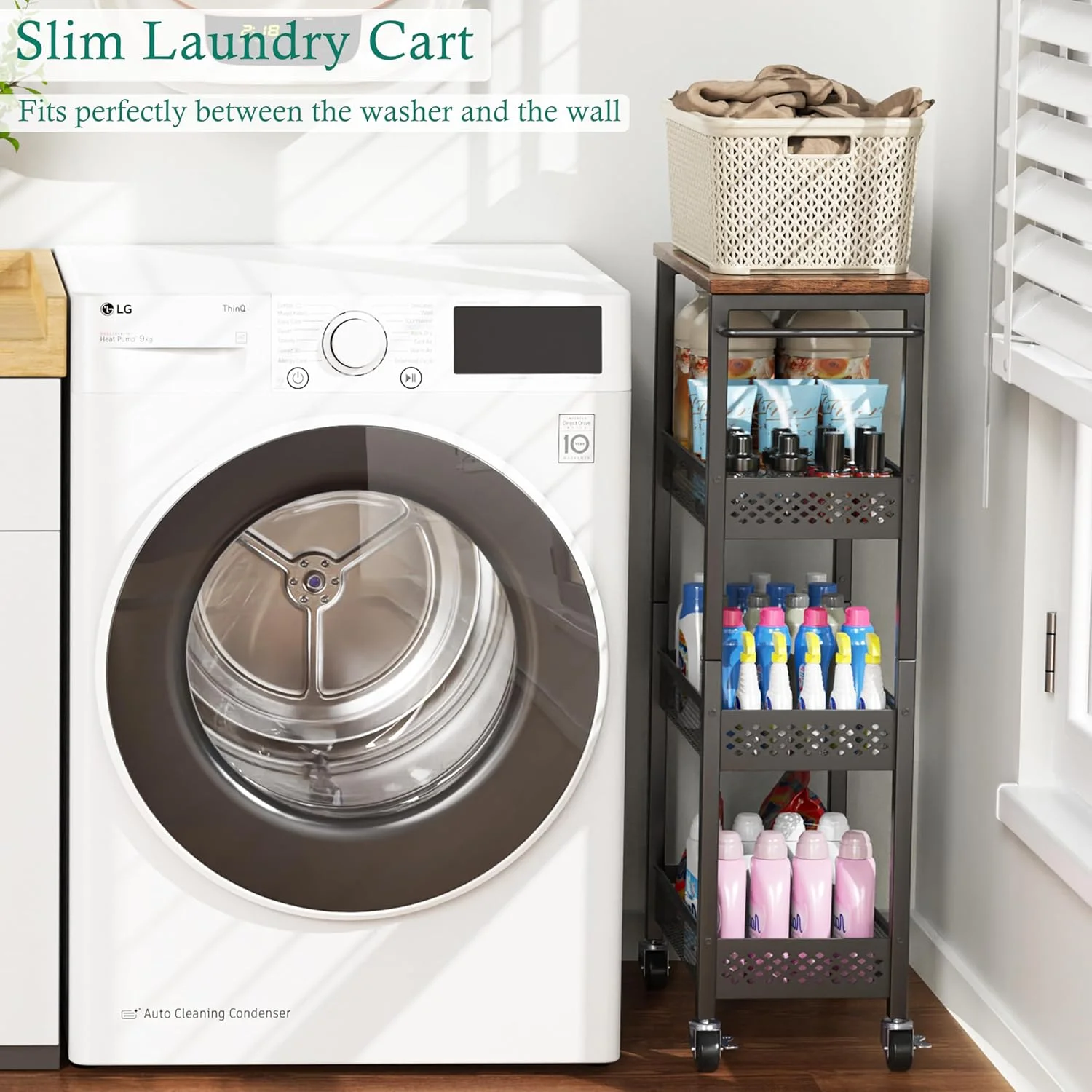 چرخ دستی باریک 4 طبقه XYZLVSI، سبد میوه و سبزیجات برای آشپزخانه های کوچک، چرخ دستی باریک لباسشویی چرخ دار با رویه چوبی و دسته فلزی برای انبار، حمام، اتاق لباسشویی