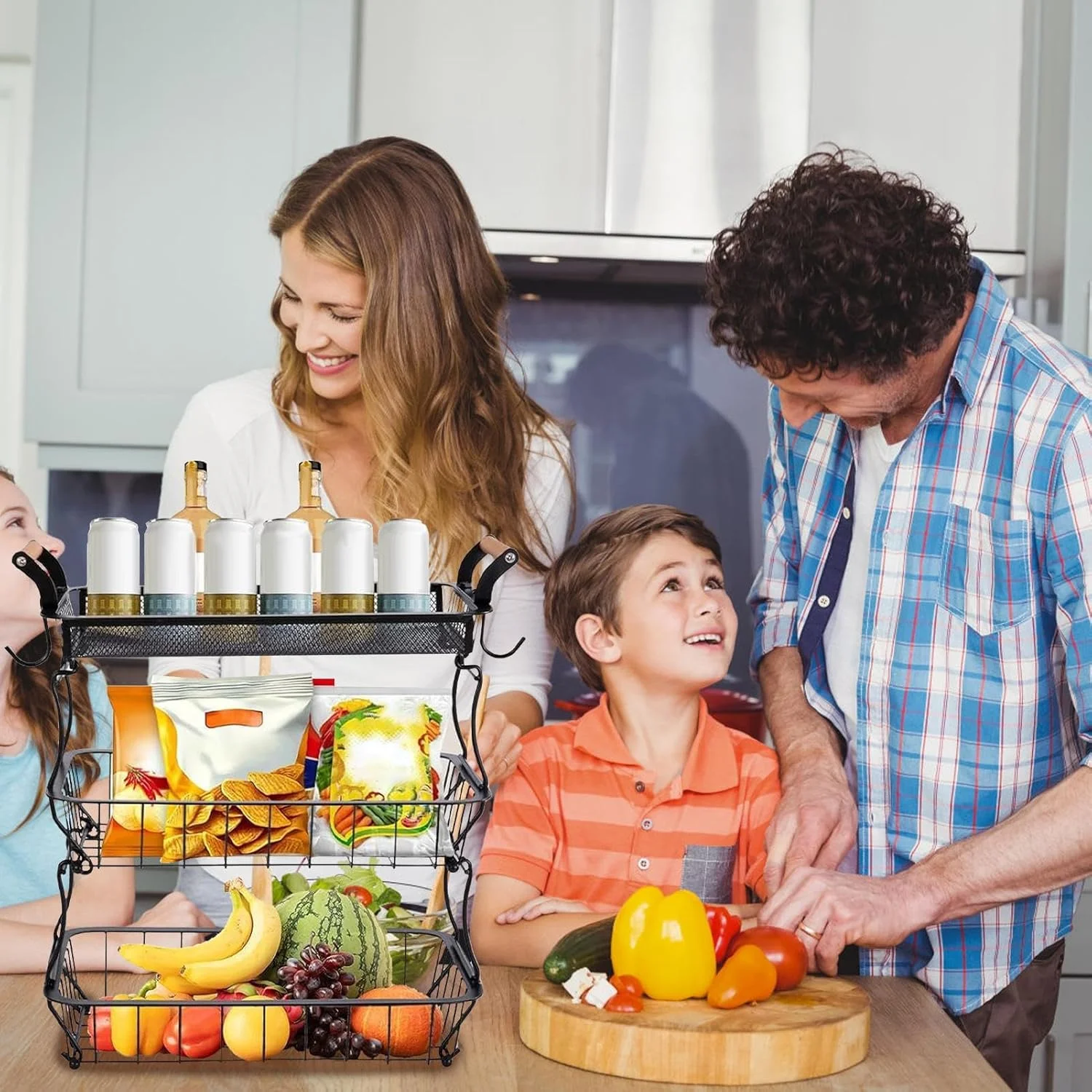 سبد میوه - سبد سبزیجات 3 طبقه برای آشپزخانه | سبد فلزی سیمی با آویز موز برای سبزیجات، نان، تنقلات، انبار، خانه، آپارتمان، خانه روستایی