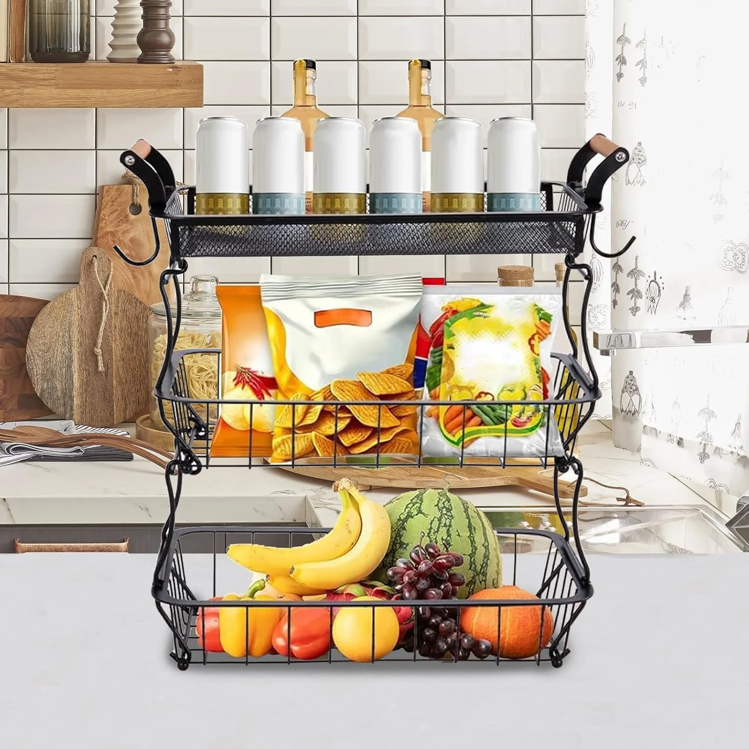 سبد میوه - سبد سبزیجات 3 طبقه برای آشپزخانه | سبد فلزی سیمی با آویز موز برای سبزیجات، نان، تنقلات، انبار، خانه، آپارتمان، خانه روستایی