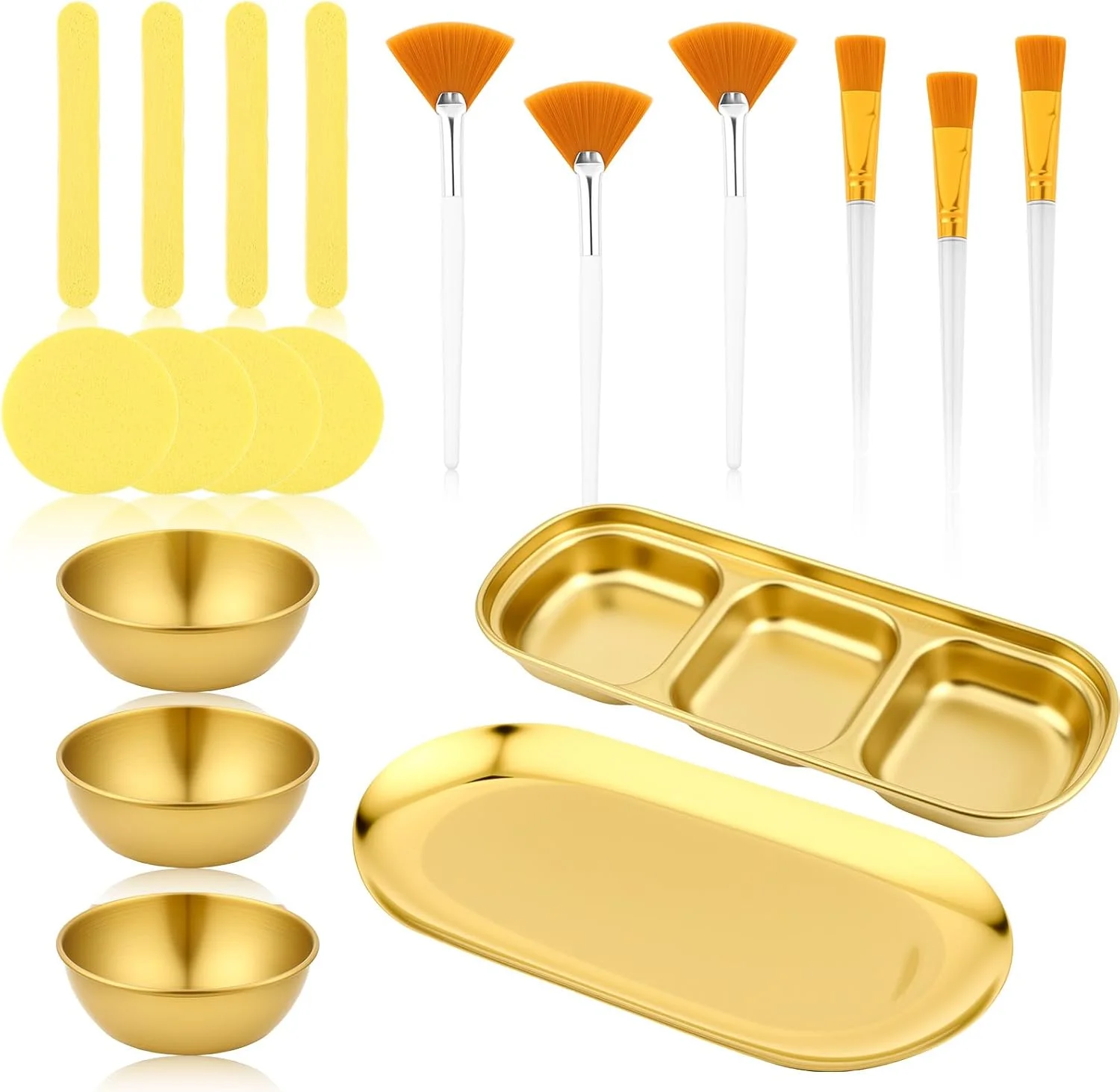 مجموعه 18 عددی لوازم صورت متخصص زیبایی بن بن شامل کاسه های مخلوط ماسک صورت رزگلد استیل ضد زنگ، سینی سرو محفظه دار، برس های بادبزنی و تخت صورت، سینی آرایش و اسفنج فشرده برای اسپا بانوان مجموعه 18 عددی لوازم صورت متخصص زیبایی بن بن شامل کاسه های مخلوط ماسک صورت رزگلد استیل ضد زنگ، سینی سرو محفظه دار، برس های بادبزنی و تخت صورت، سینی آرایش و اسفنج فشرده برای اسپا بانوان