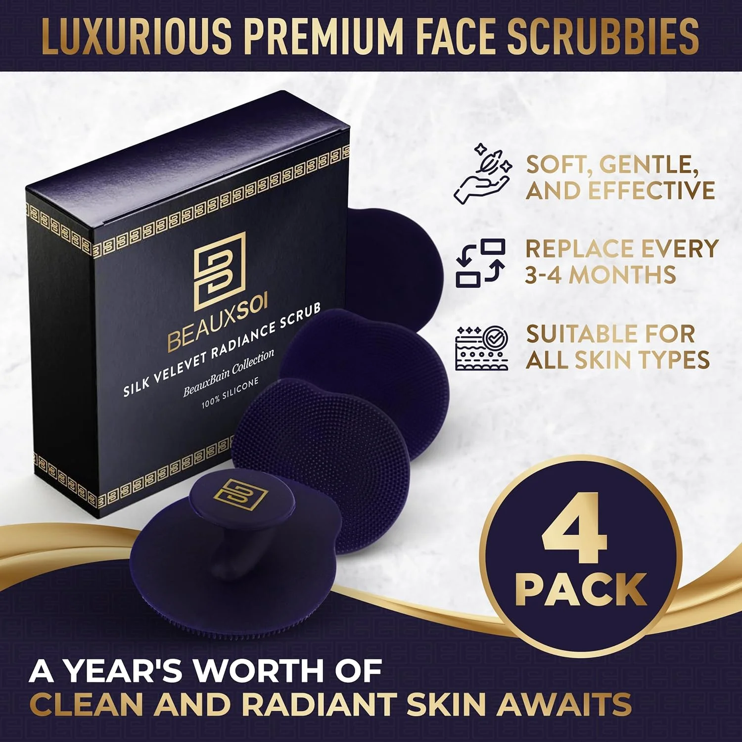 BEAUXSOI بسته 4 عددی اسکرابر/ماساژور صورت سیلیکونی، برس پاک کننده/لایه بردار نرم صورت، اسکرابر صورت سیلیکونی، برس صورت مراقبت از پوست برای مردان و زنان، برس صورت اسکرابر صورت